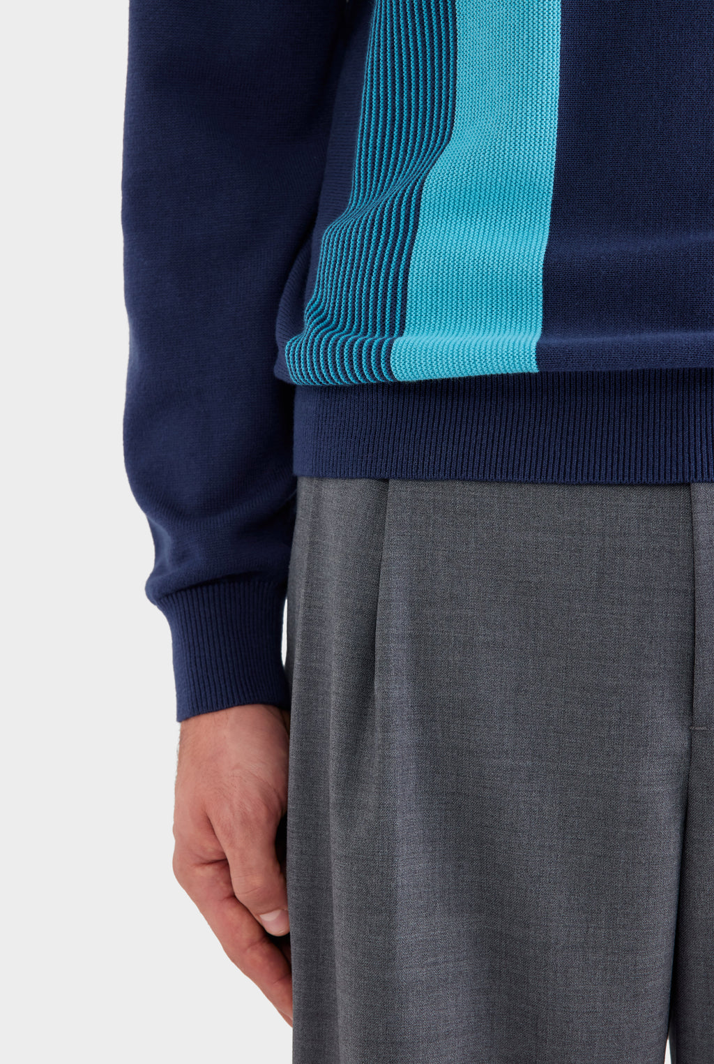 Long Sleeve Stripe Cotton Knit Polo - Navy Blue/Blue Stipe