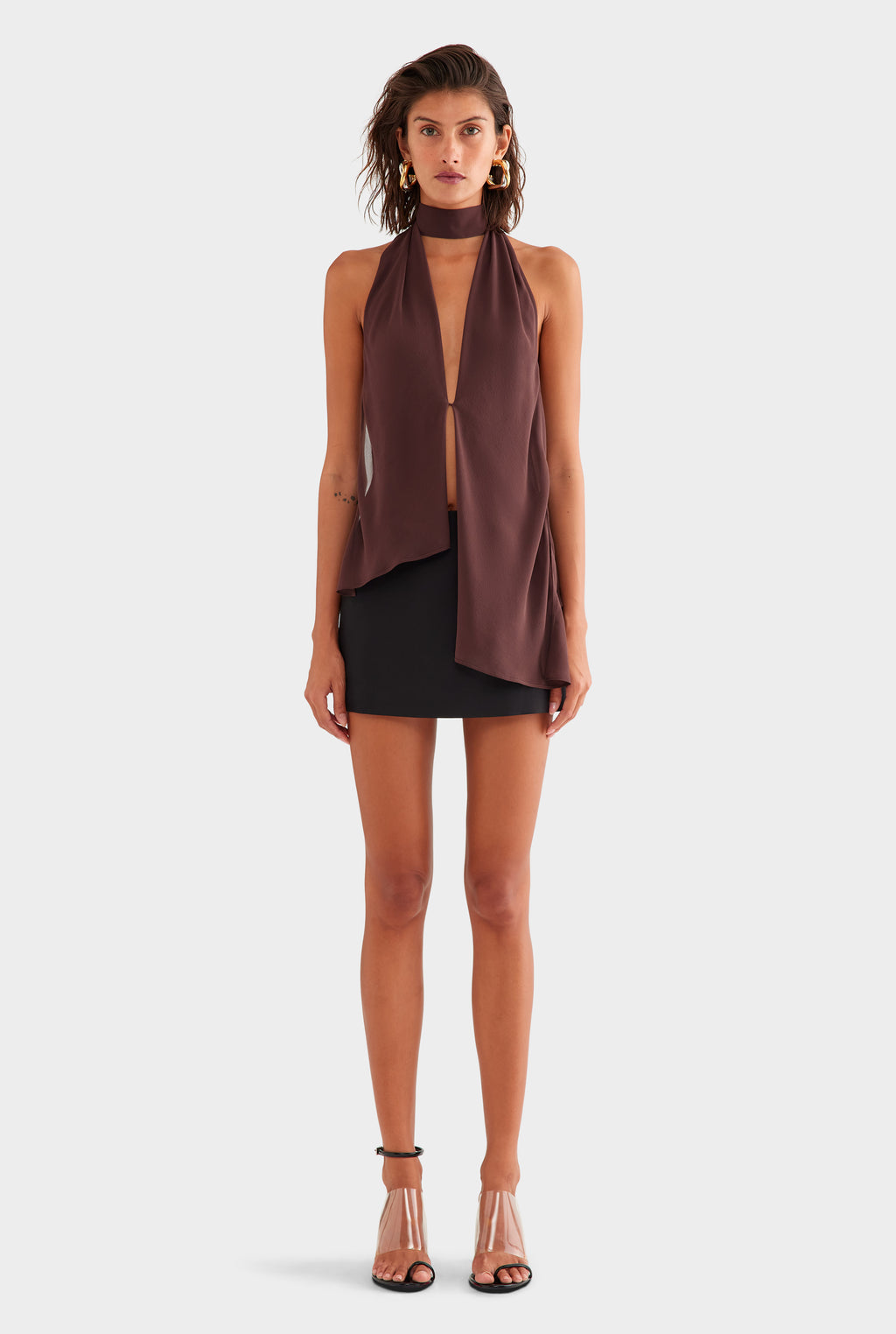 Silk Layered Halter Top - Coffee