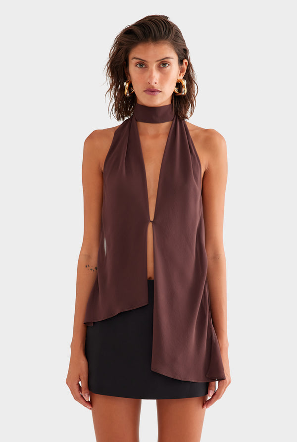 Silk Layered Halter Top - Coffee