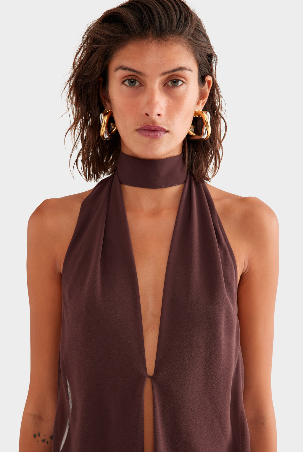 Silk Layered Halter Top - Coffee
