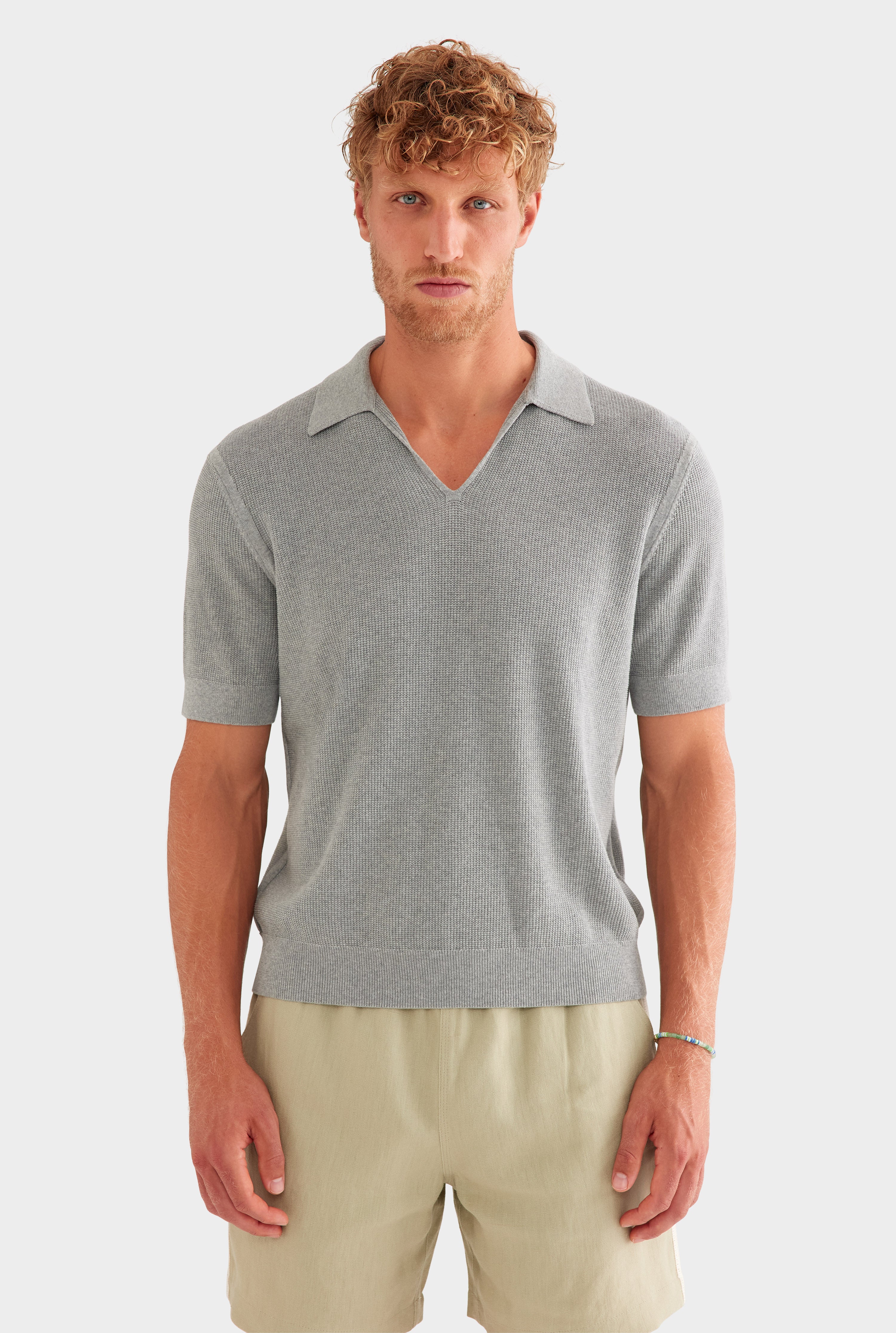 Lightweight Knit Polo - Light Grey Marl