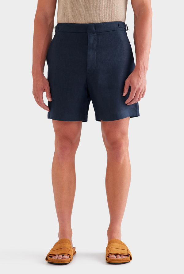 Tailored Linen Side Tab Short - Navy