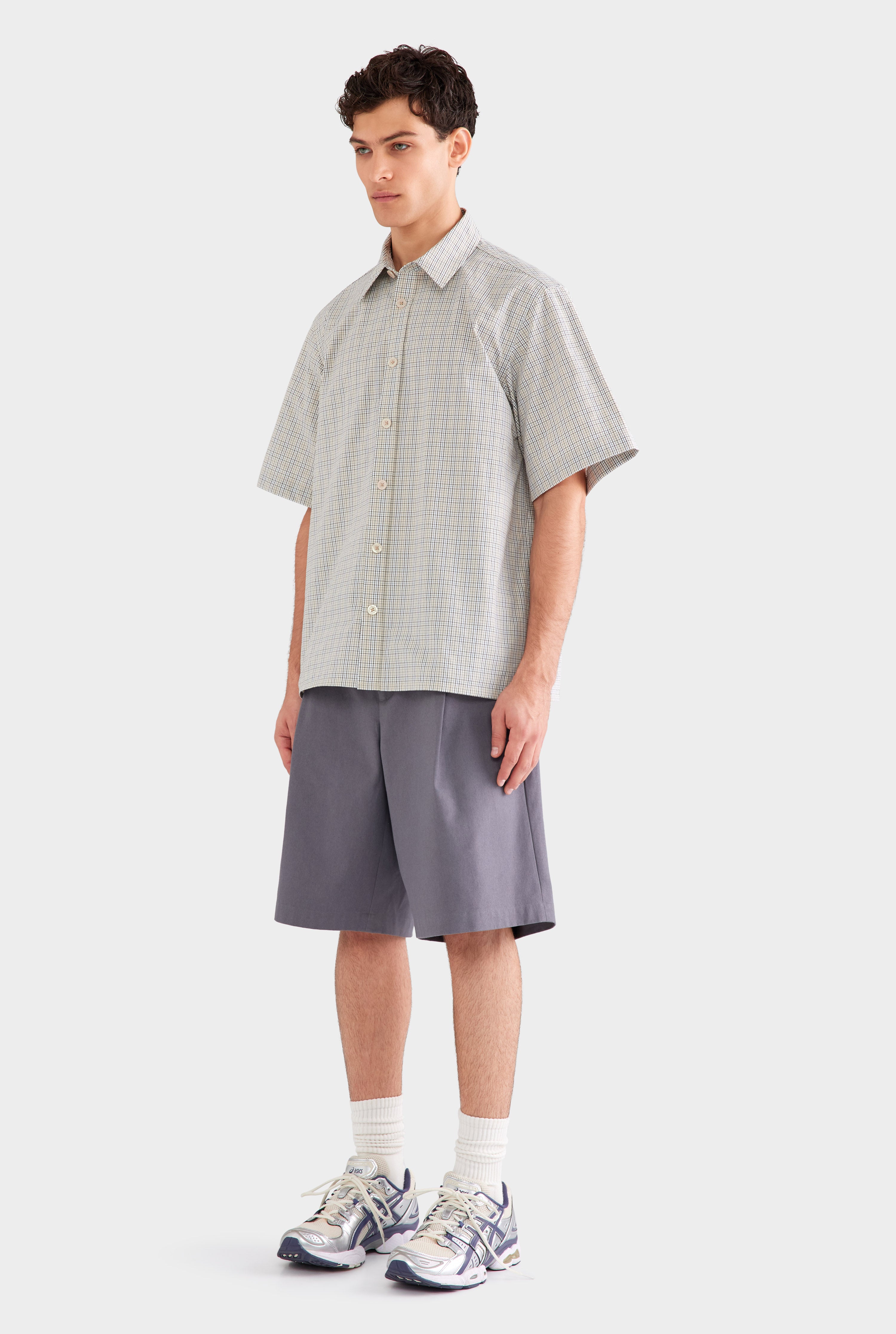 Mens Oversized Cotton Check Short Sleeve Shirt in Beige Check