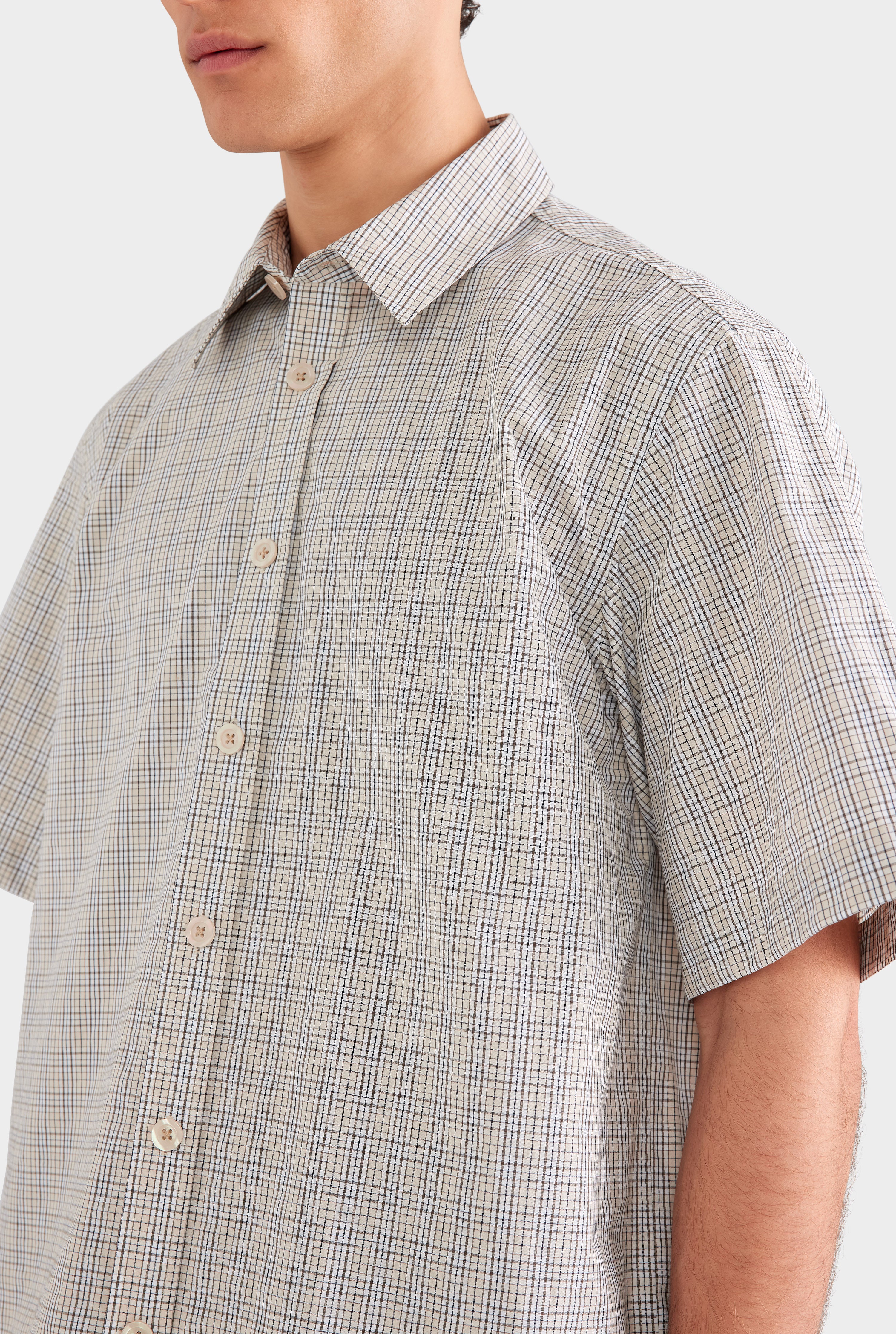 Mens Oversized Cotton Check Short Sleeve Shirt in Beige Check