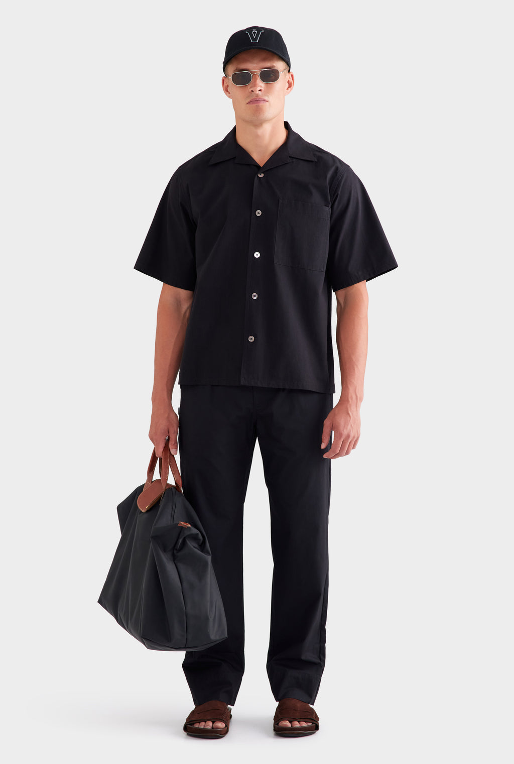 Oversized Cotton Short Sleeve Shirt - Black