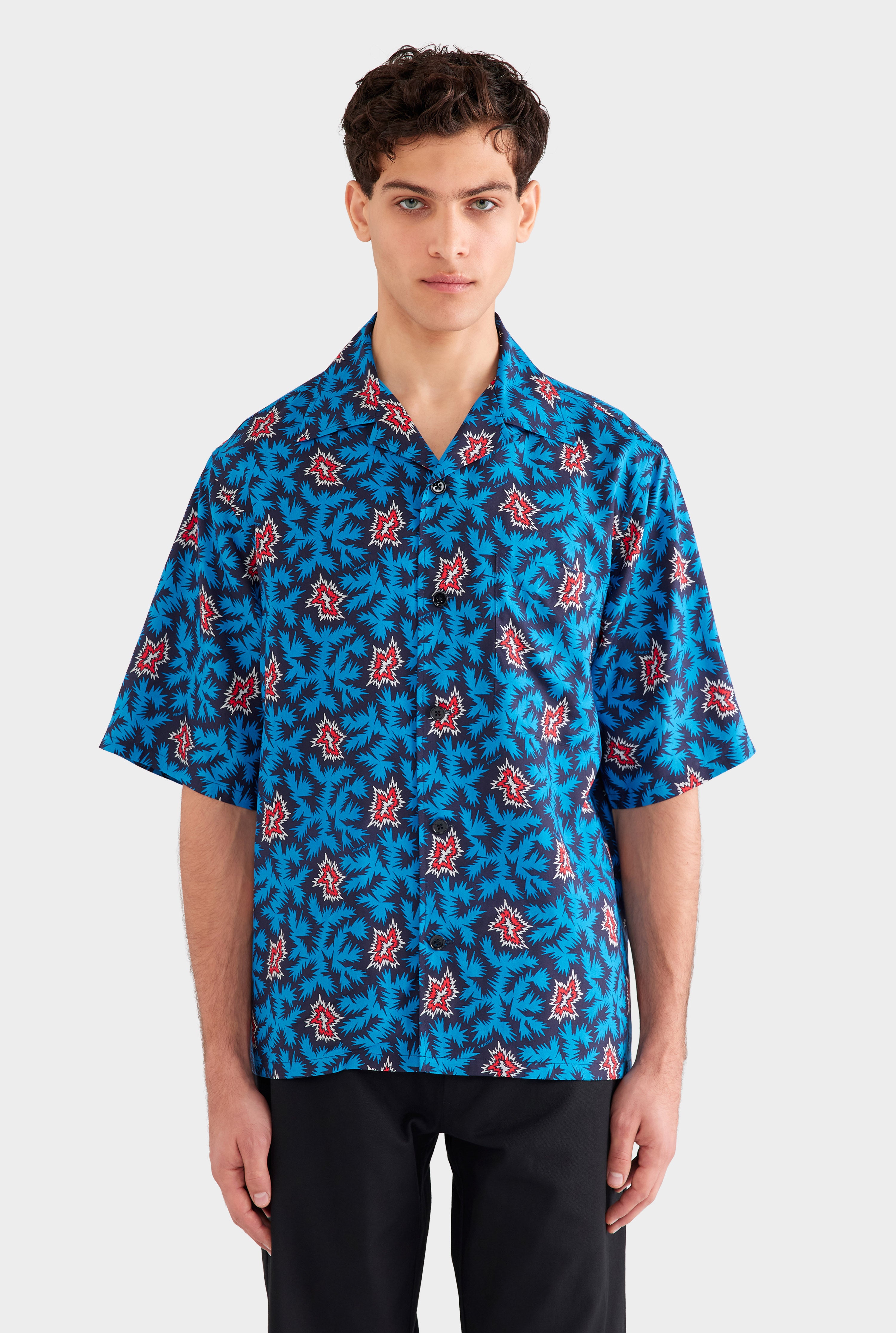 Oversized Fuji Silk Short Sleeve Shirt - Blue/Red BAM
