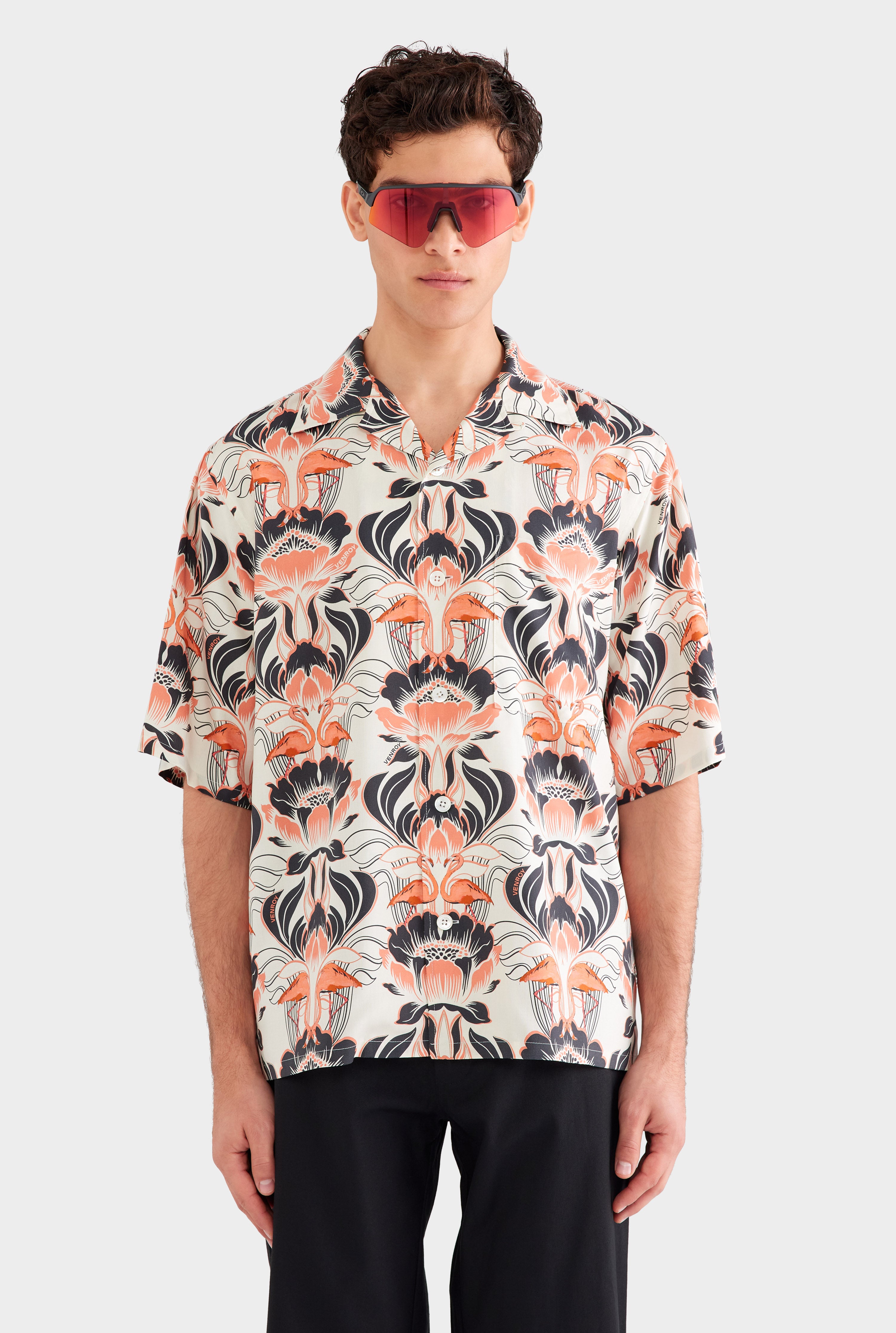 Oversized Fuji Silk Short Sleeve Shirt - Cream/Orange/Black Acid Floral
