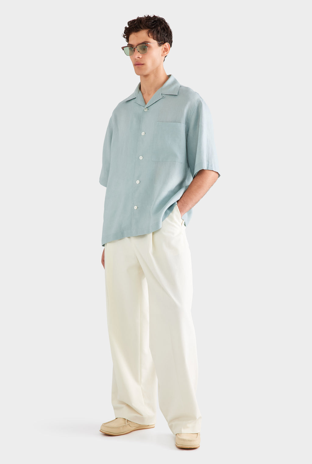 Oversized Linen Short Sleeve Shirt - Arctic Blue