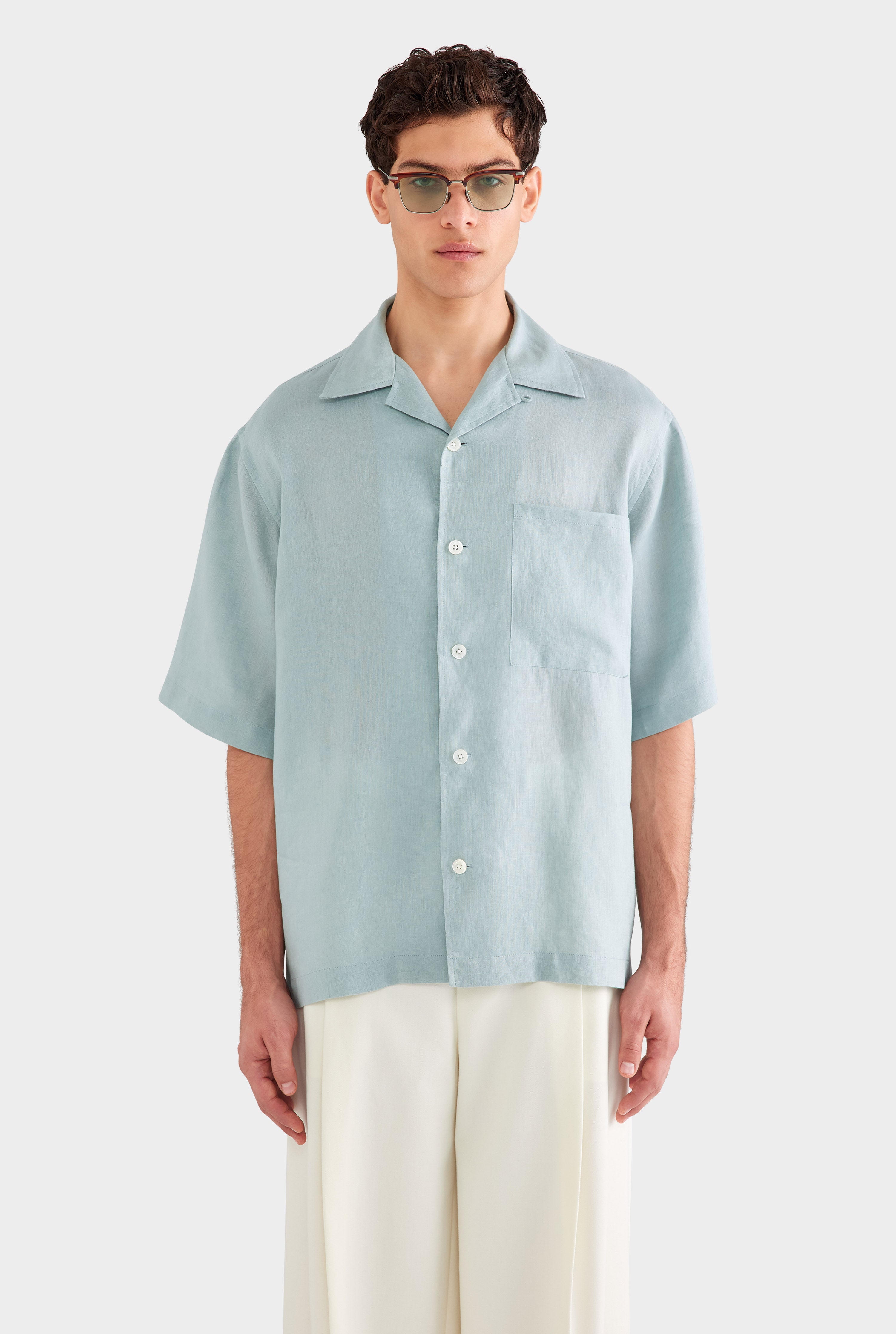 Oversized Linen Short Sleeve Shirt - Arctic Blue