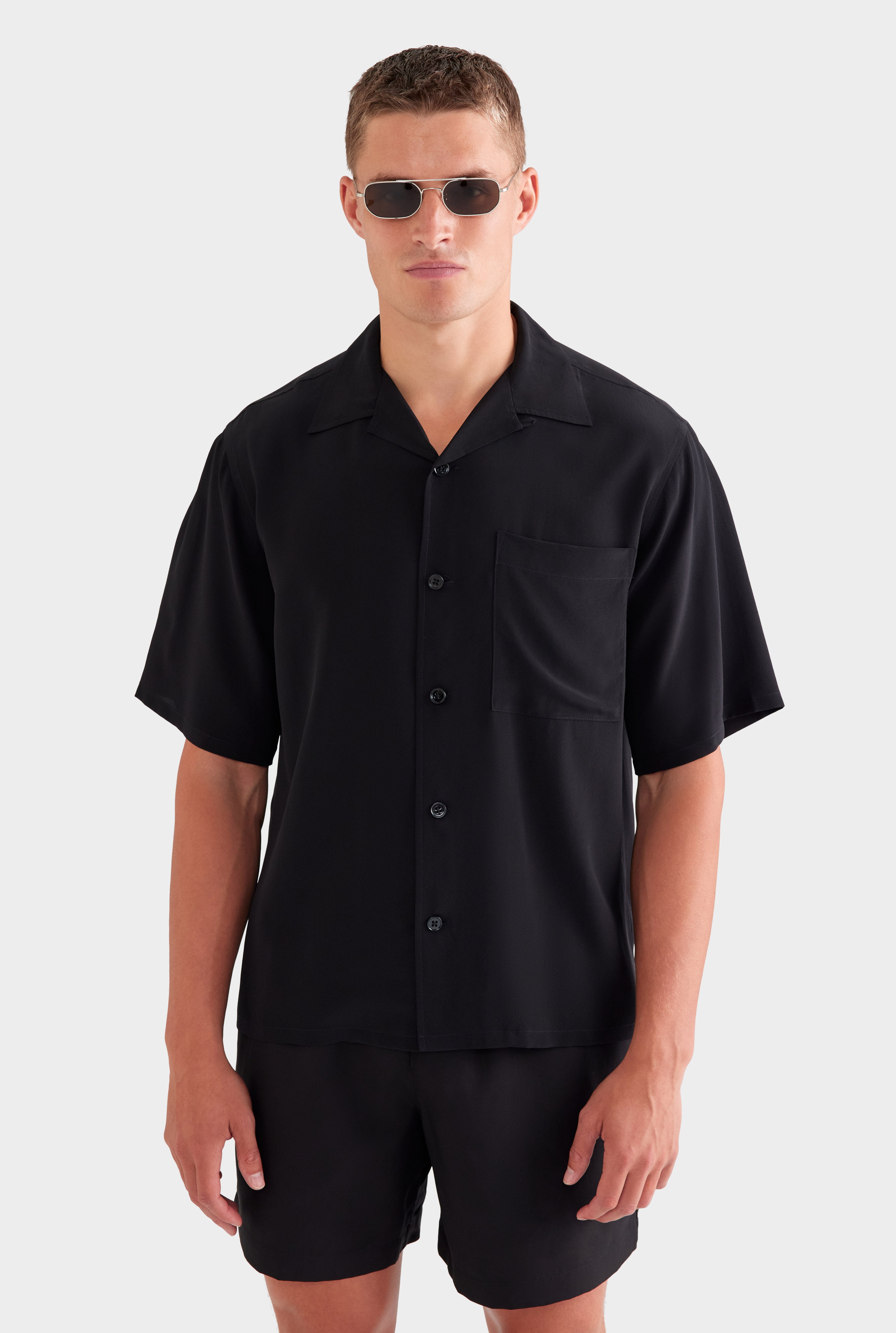 Oversized Relaxed Silk Short Sleeve Shirt - Black