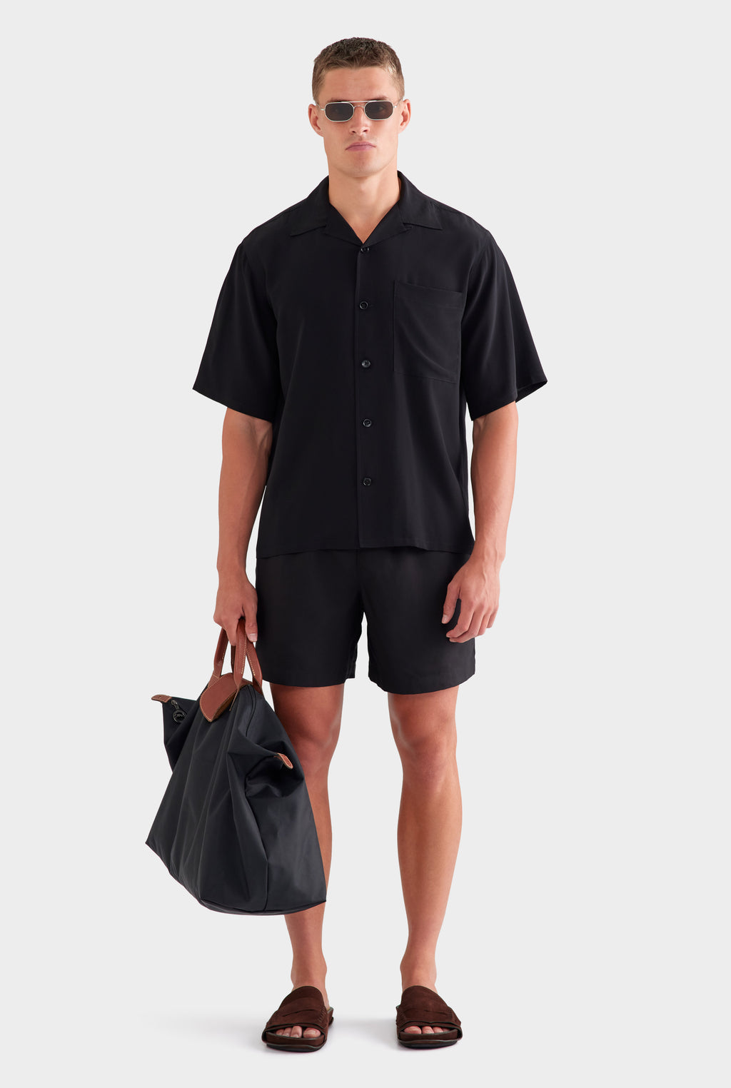 Oversized Relaxed Silk Short Sleeve Shirt - Black