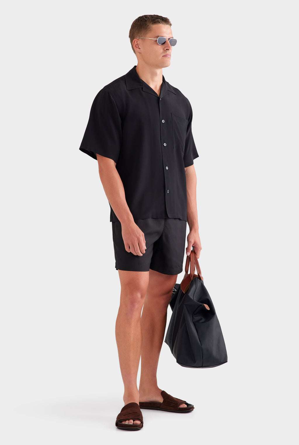 Oversized Relaxed Silk Short Sleeve Shirt - Black