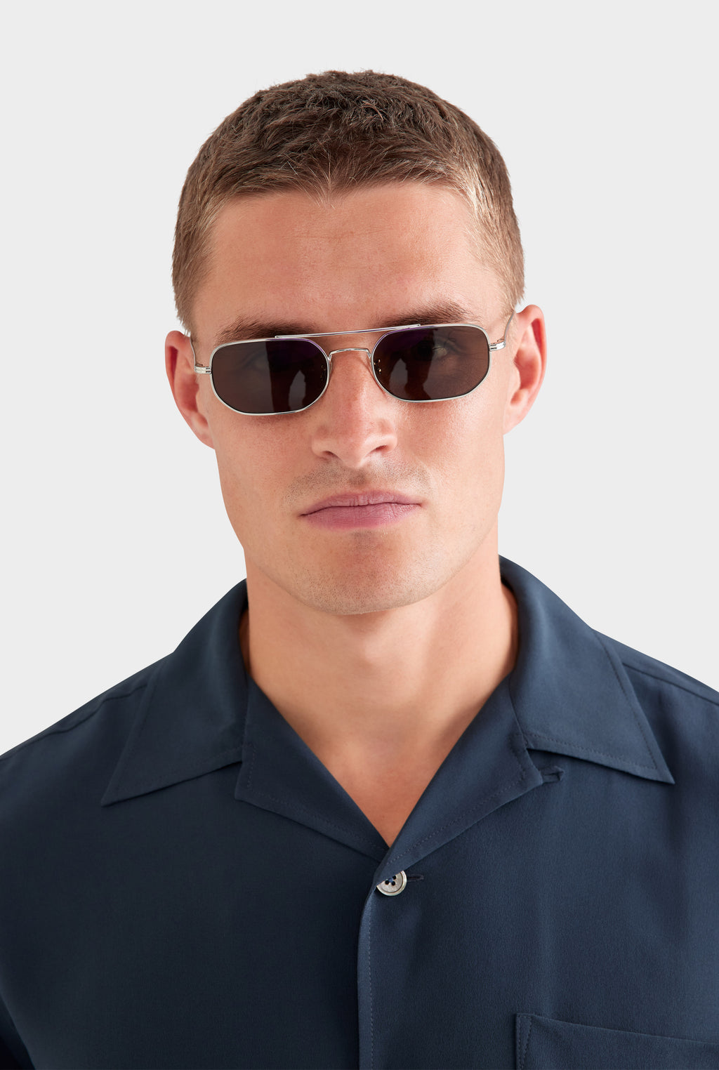 Oversized Relaxed Silk Short Sleeve Shirt - Navy