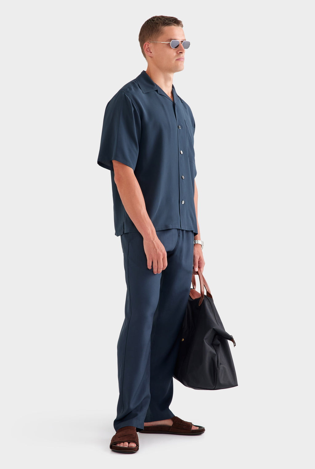 Oversized Relaxed Silk Short Sleeve Shirt - Navy