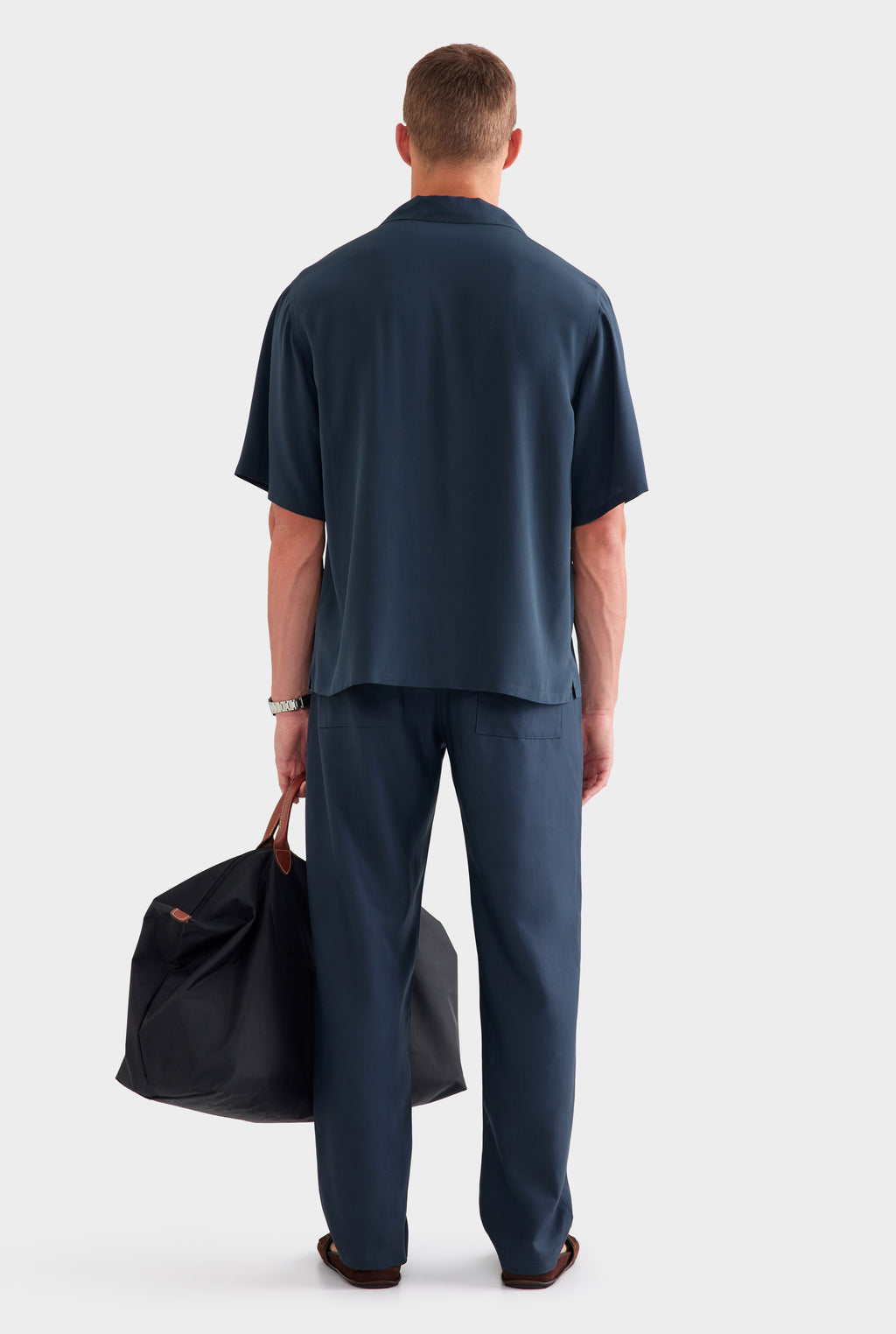 Oversized Relaxed Silk Short Sleeve Shirt - Navy