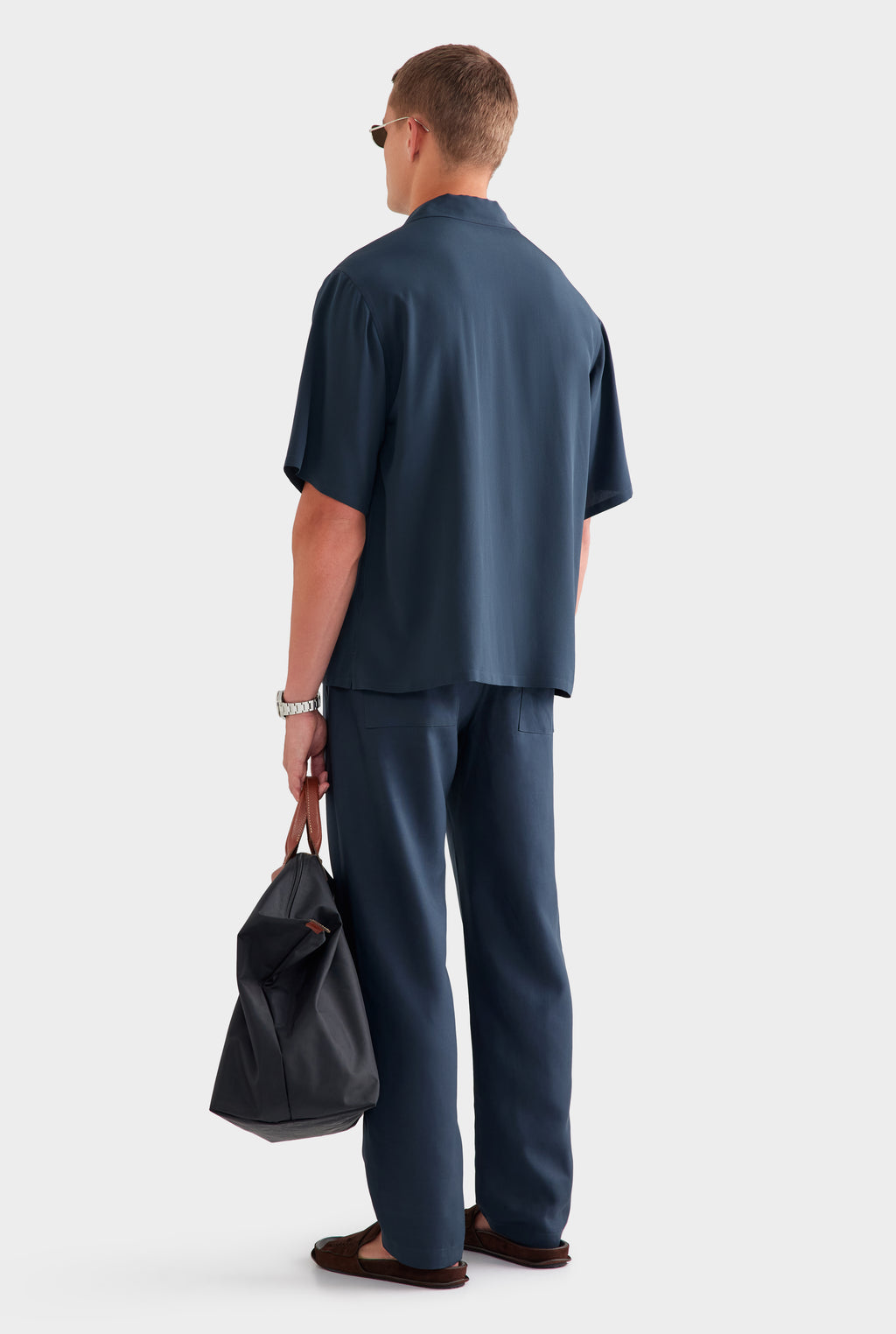 Oversized Relaxed Silk Short Sleeve Shirt - Navy