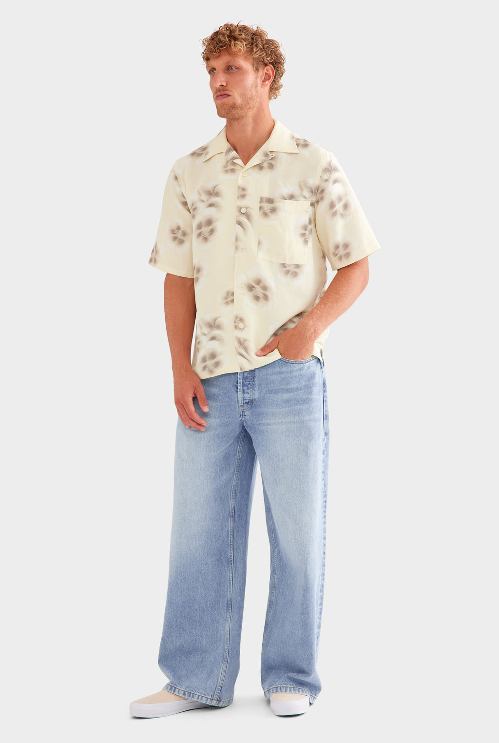 Silk Linen Short Sleeve Shirt - Natural Blurred Floral
