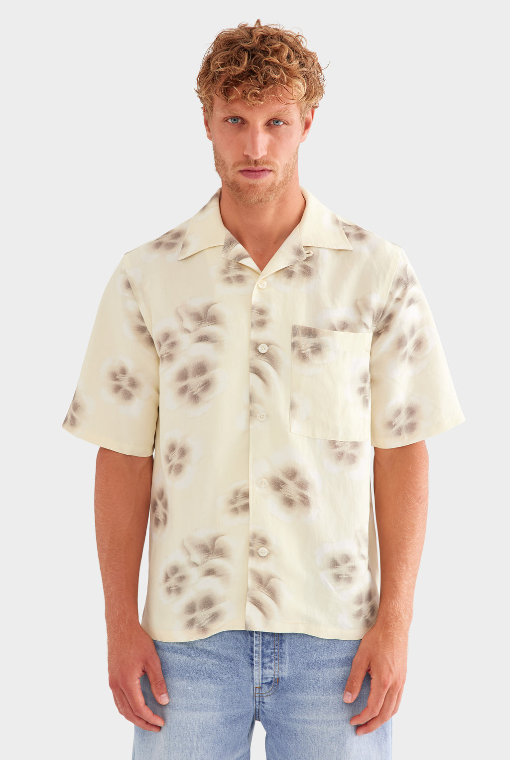 Silk Linen Short Sleeve Shirt - Natural Blurred Floral