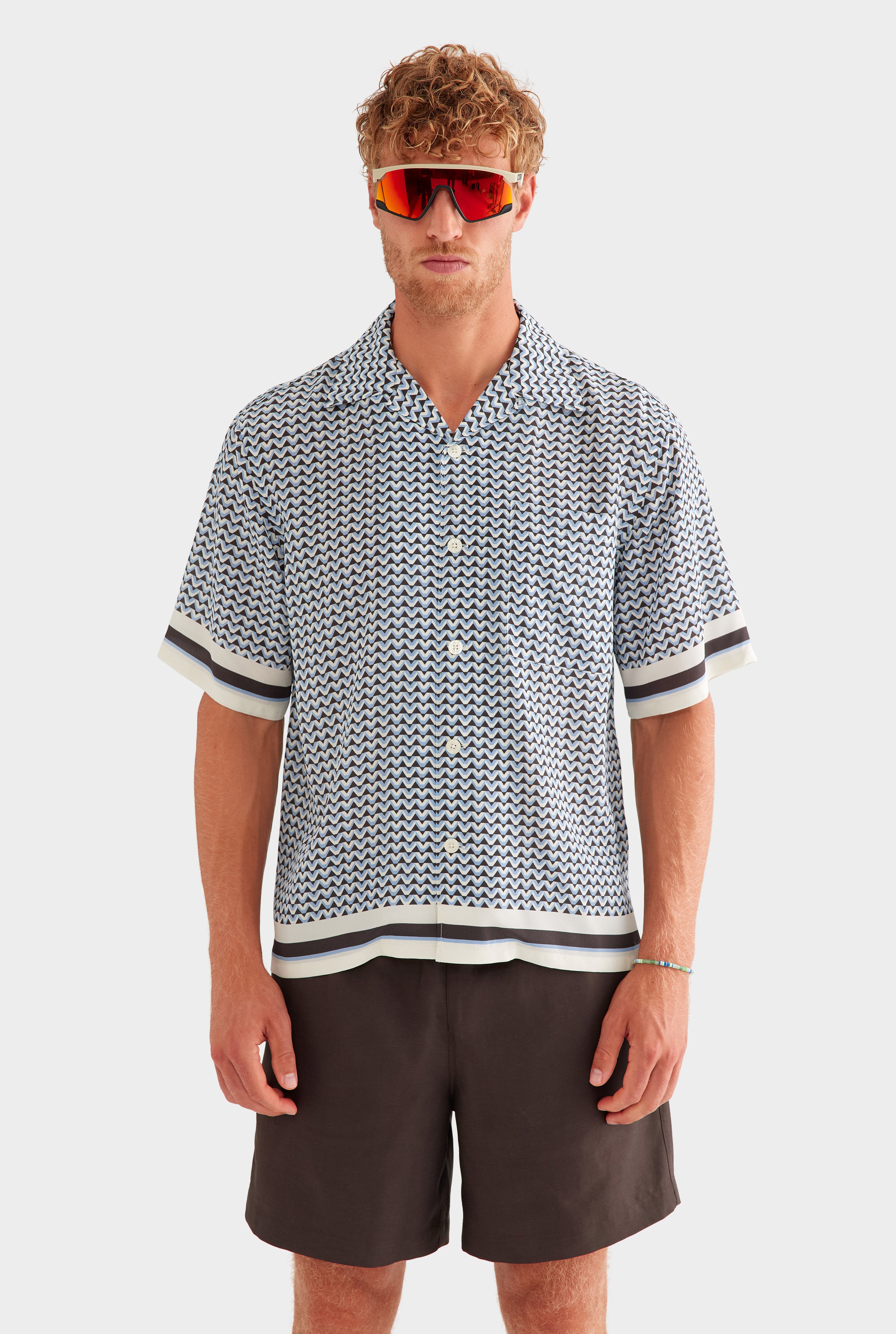 Oversized Silk Short Sleeve Shirt - Chocolate/Powder Blue V Monogram