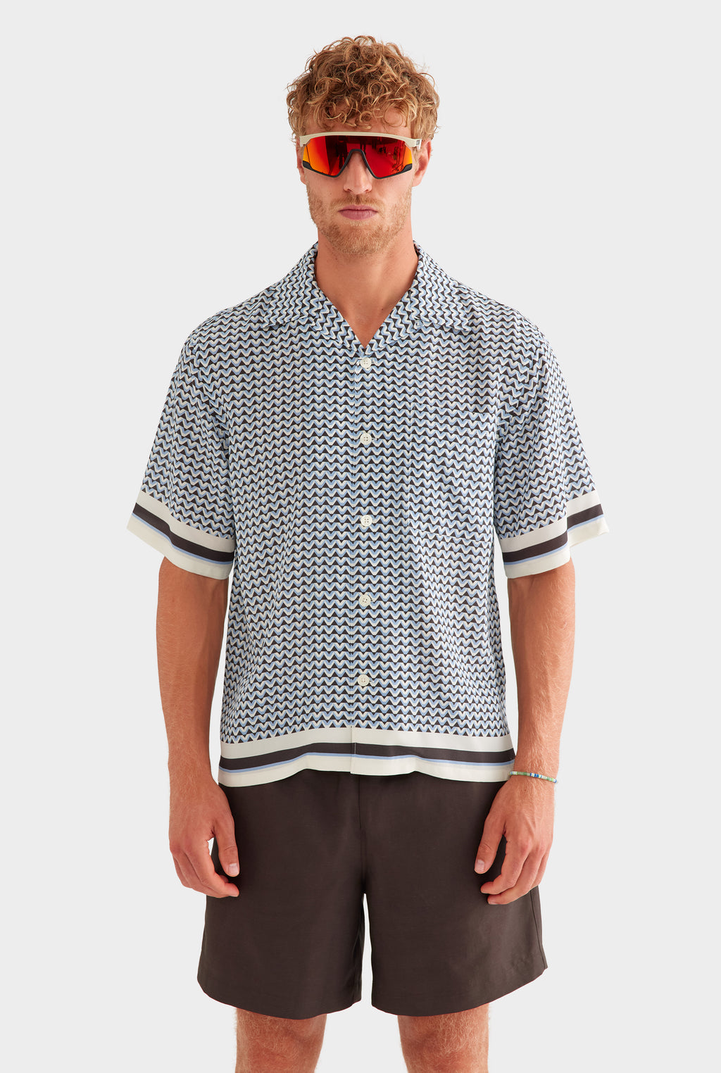 Oversized Silk Short Sleeve Shirt - Chocolate/Powder Blue V Monogram