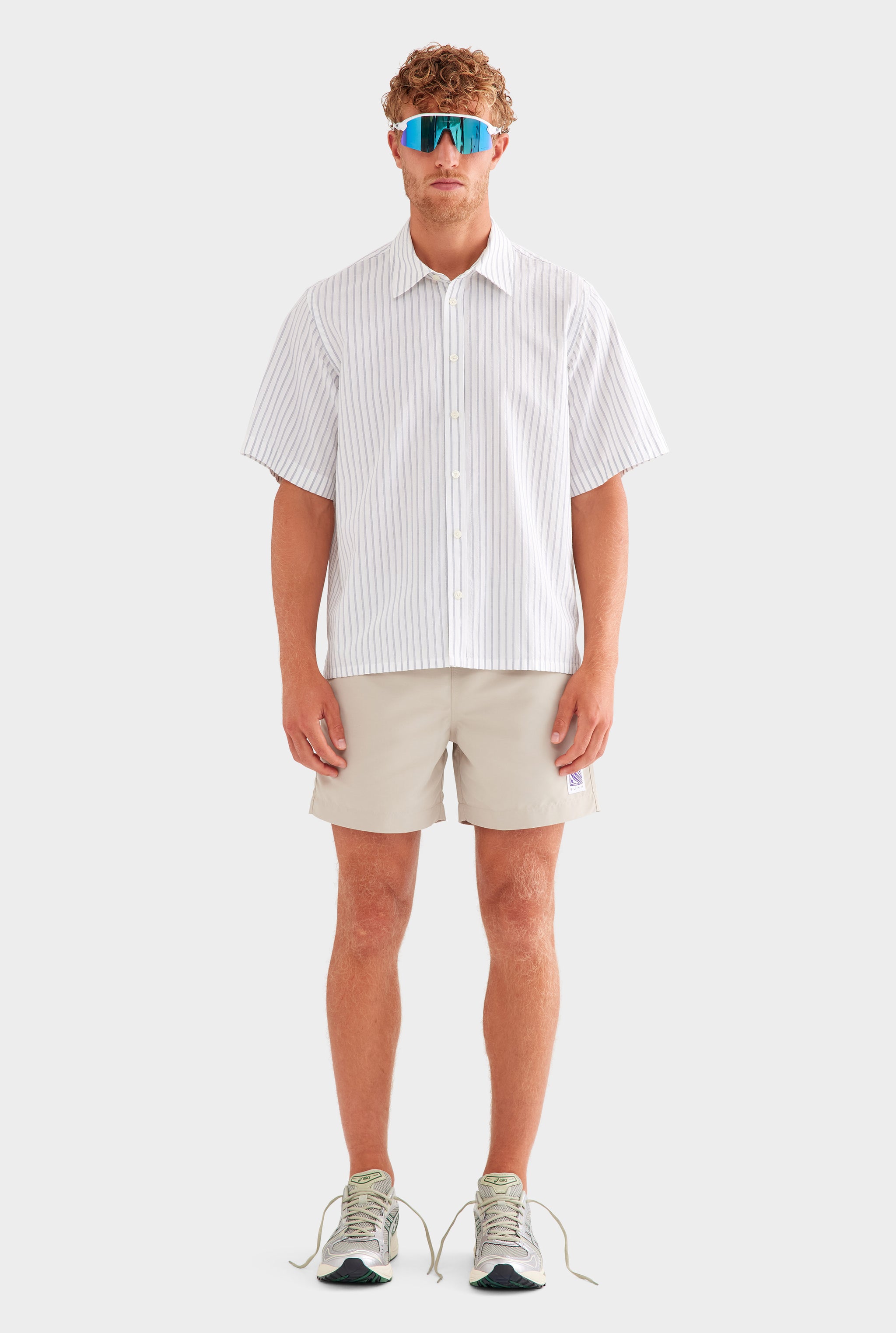 Oversized Stripe Short Sleeve Shirt - Off White/Navy Stripe