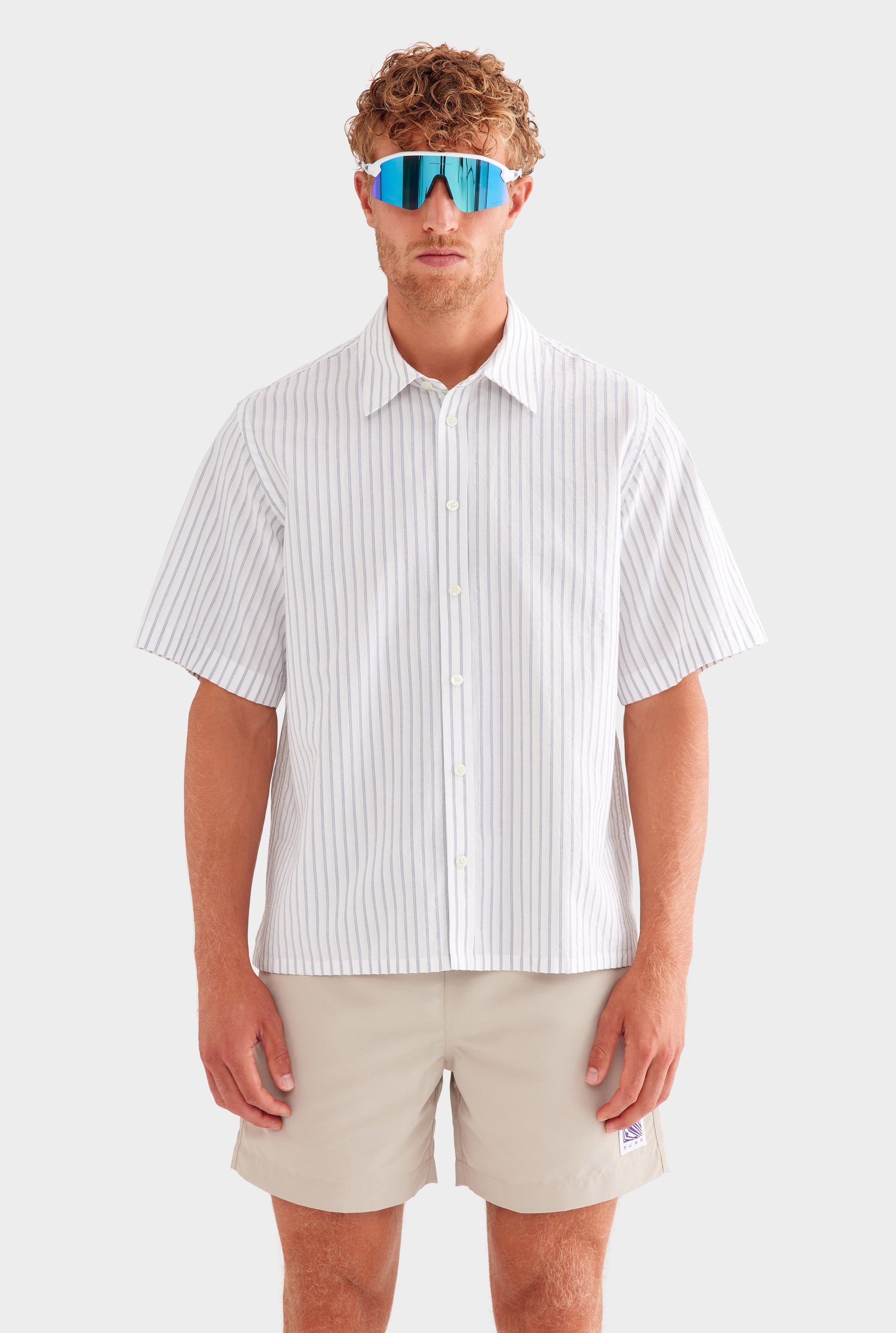 Oversized Stripe Short Sleeve Shirt - Off White/Navy Stripe