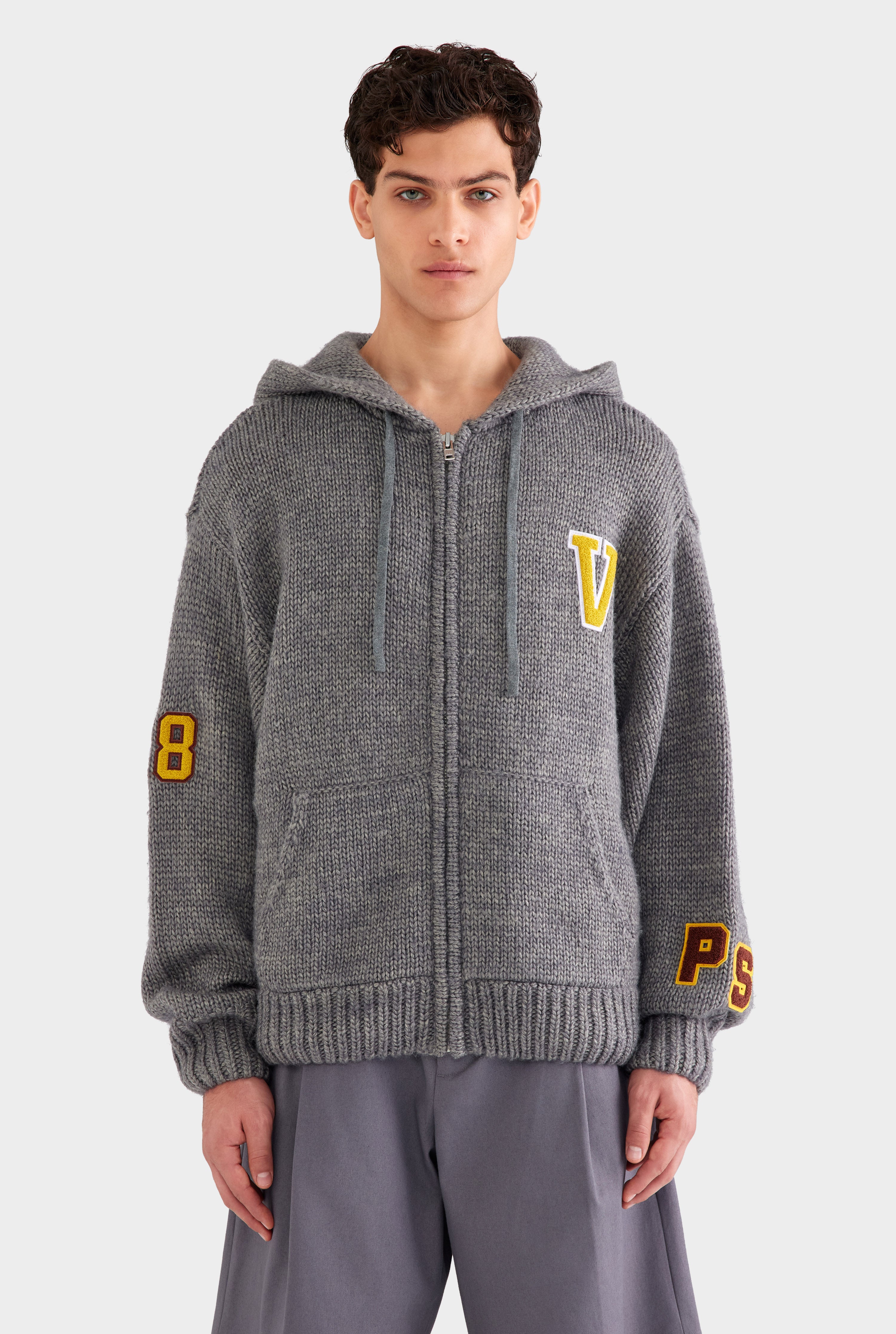 Oversized Wool Zip Knit Hoodie - Dark Grey Marl