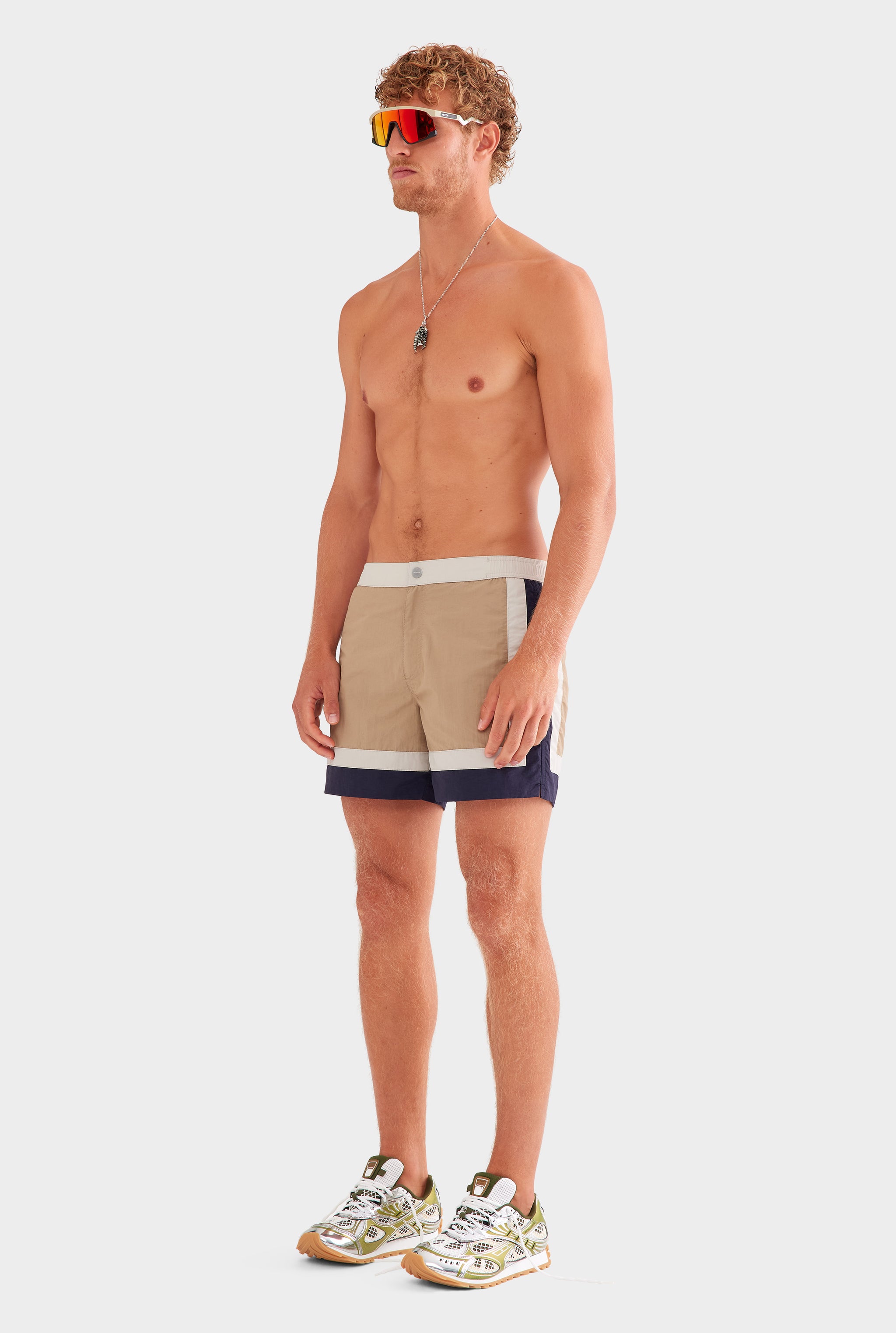 Panelled Snaplock Swim Short - Taupe/Navy/Cream