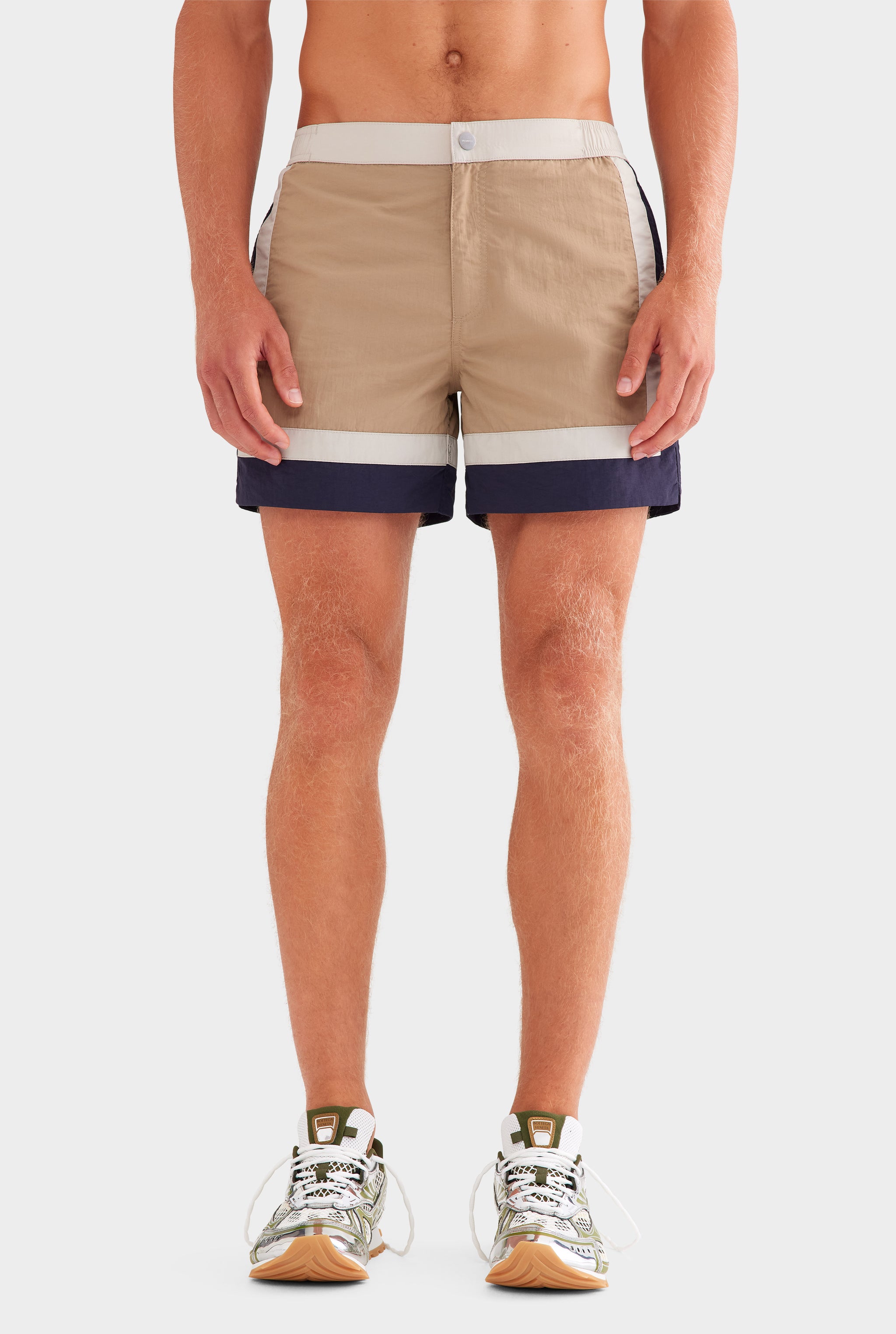 Panelled Snaplock Swim Short - Taupe/Navy/Cream