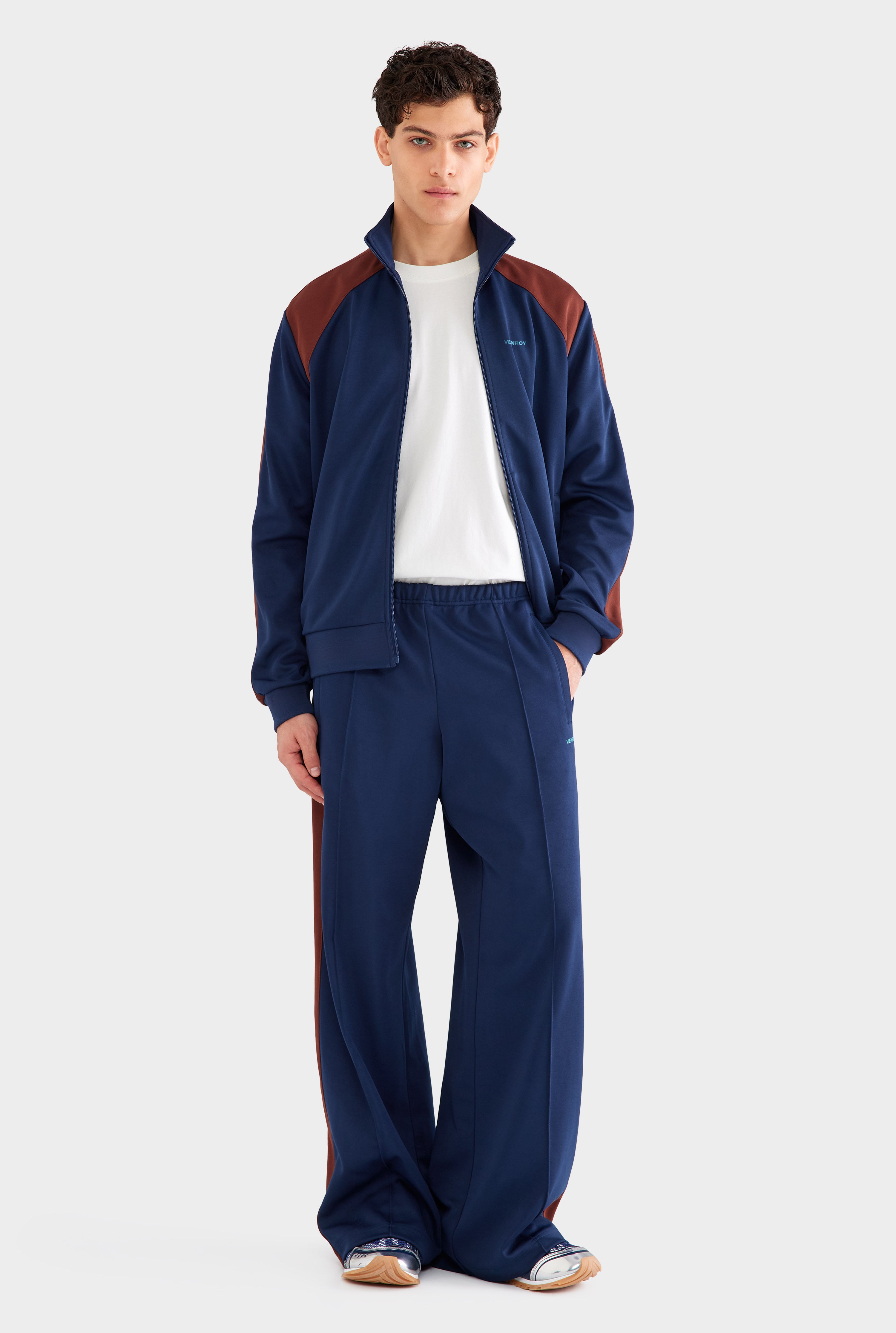 Mens Jersey Zip Track Jacket in Navy Blue/Chocolate | Venroy – VENROY