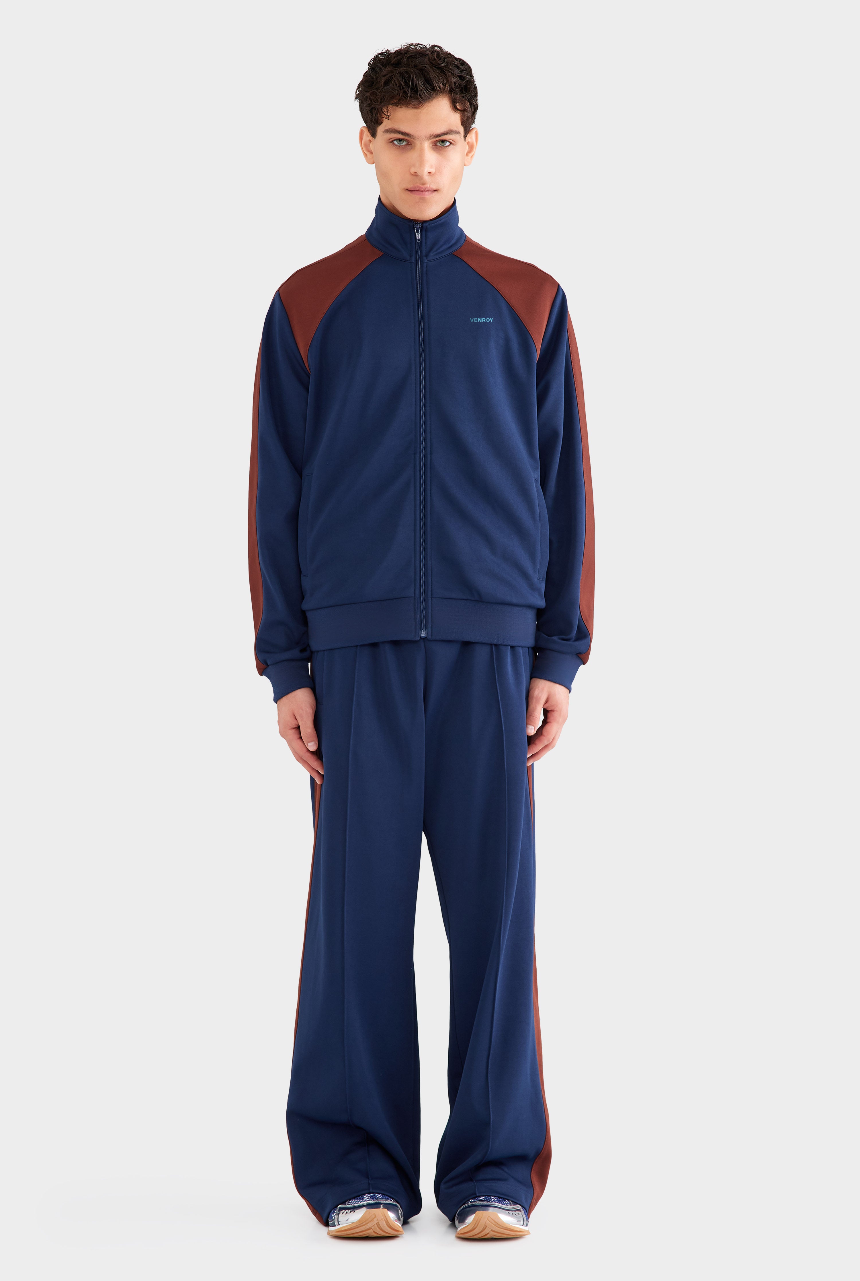 Mens Jersey Zip Track Jacket in Navy Blue/Chocolate | Venroy – VENROY