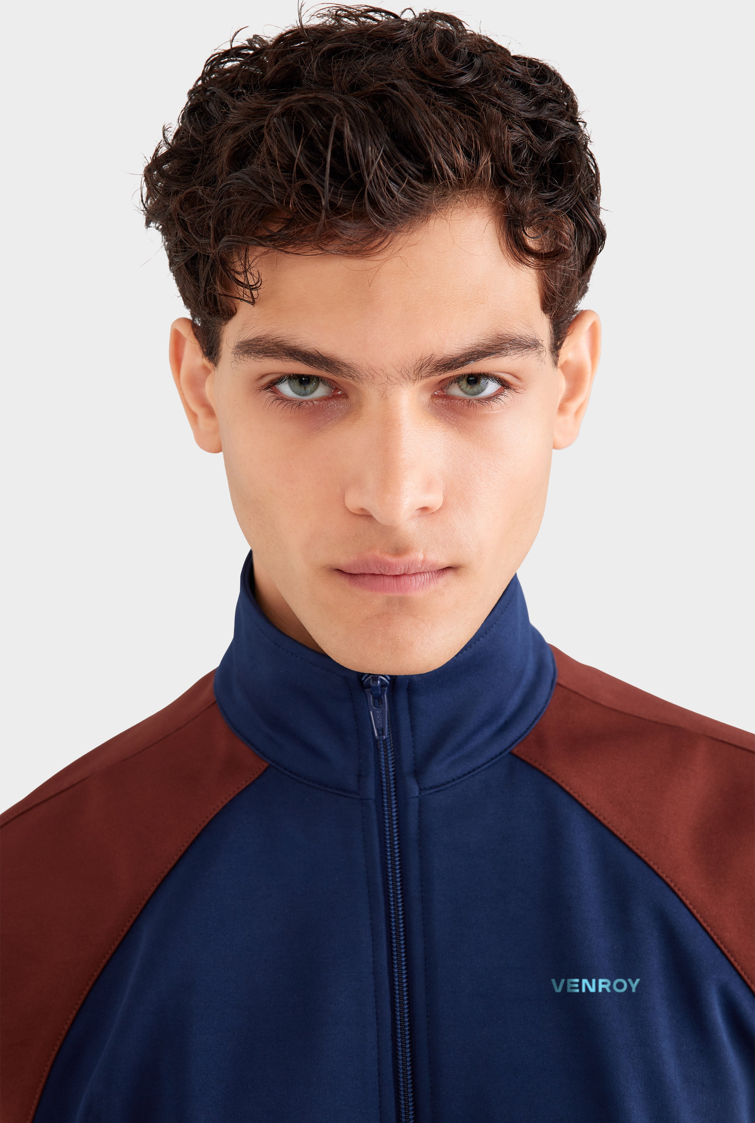 Mens Jersey Zip Track Jacket in Navy Blue/Chocolate | Venroy – VENROY