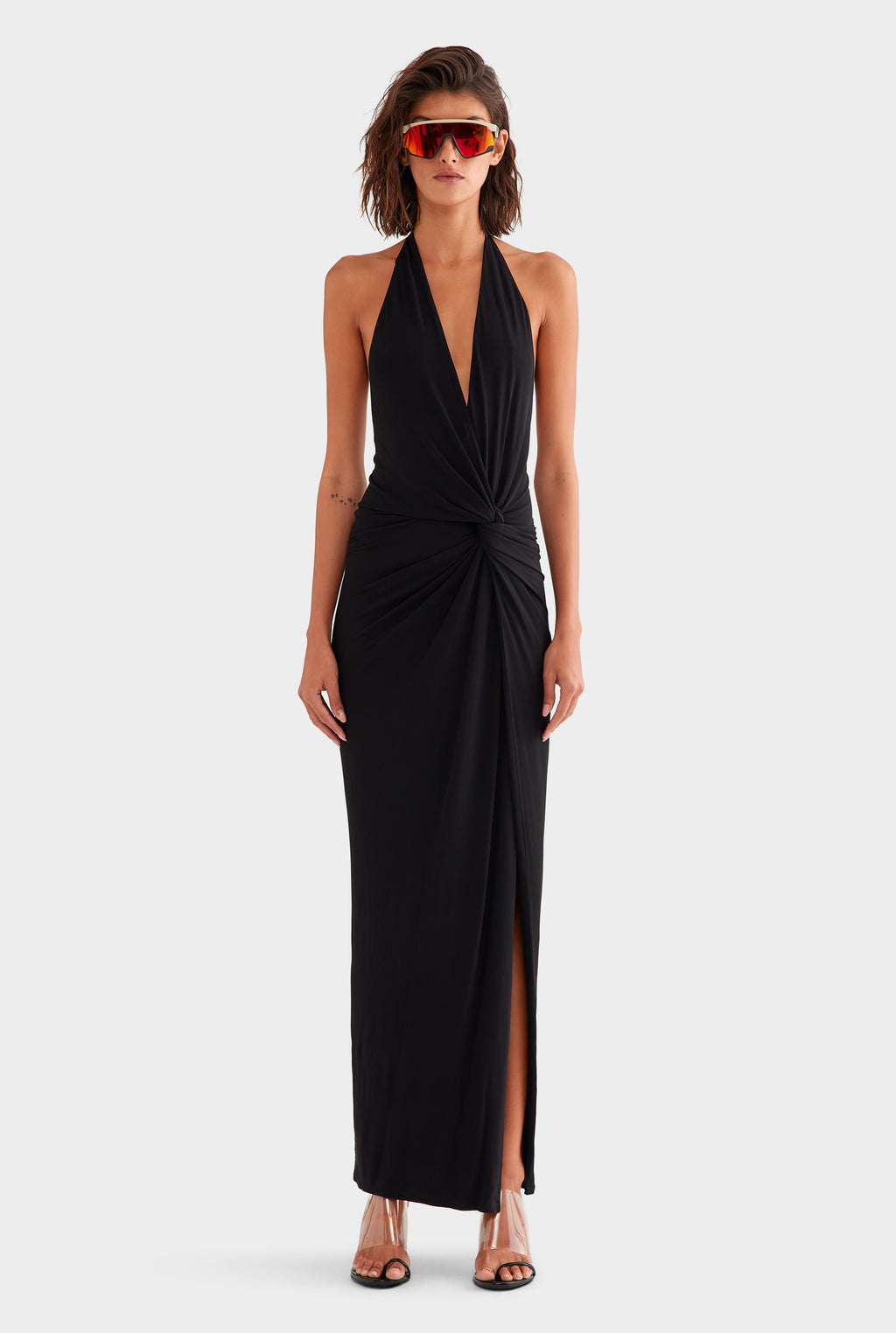 Plunge Jersey Twist Maxi Dress in Black | Venroy  VENROY