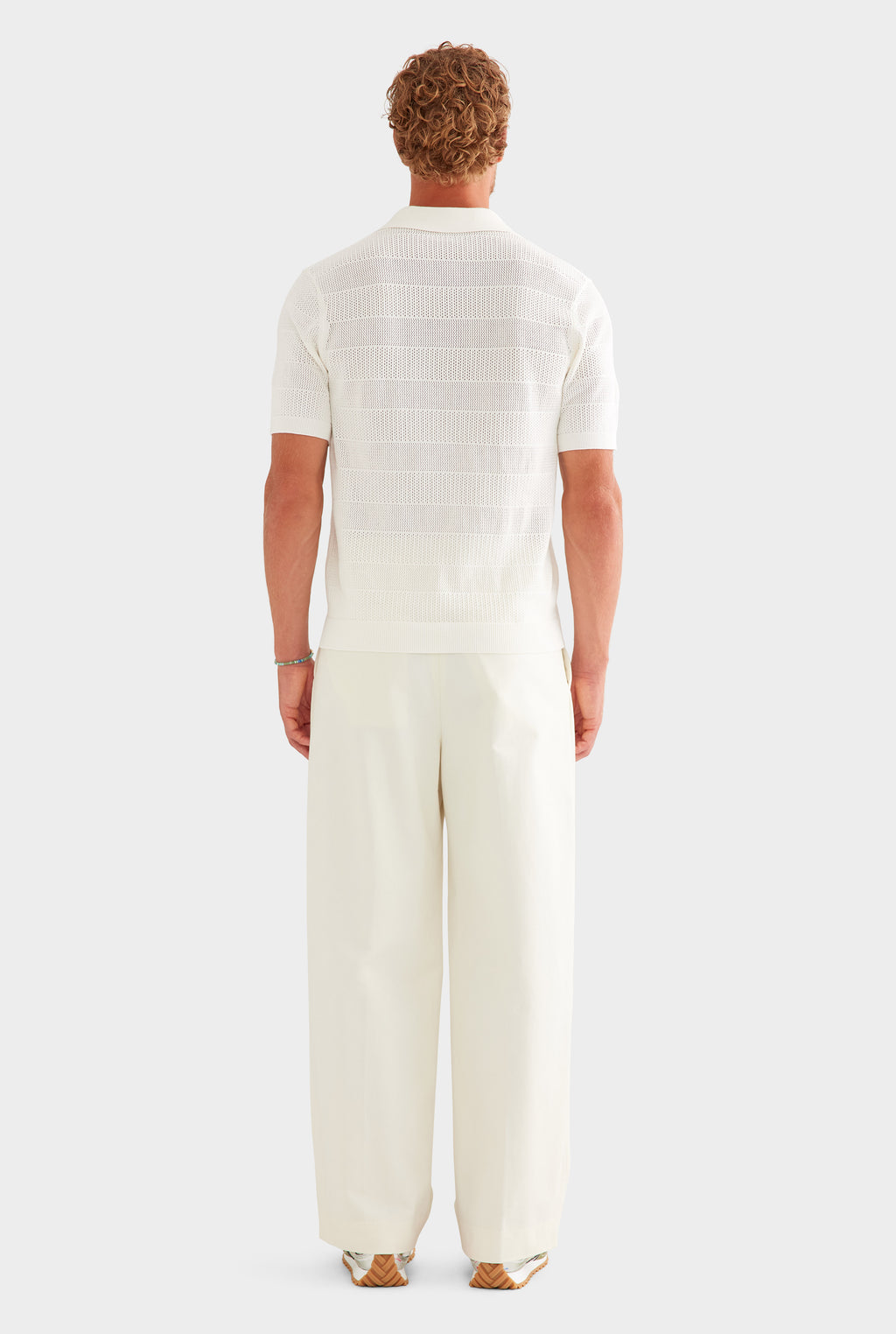 Pointelle Stripe Cotton Polo - Off White