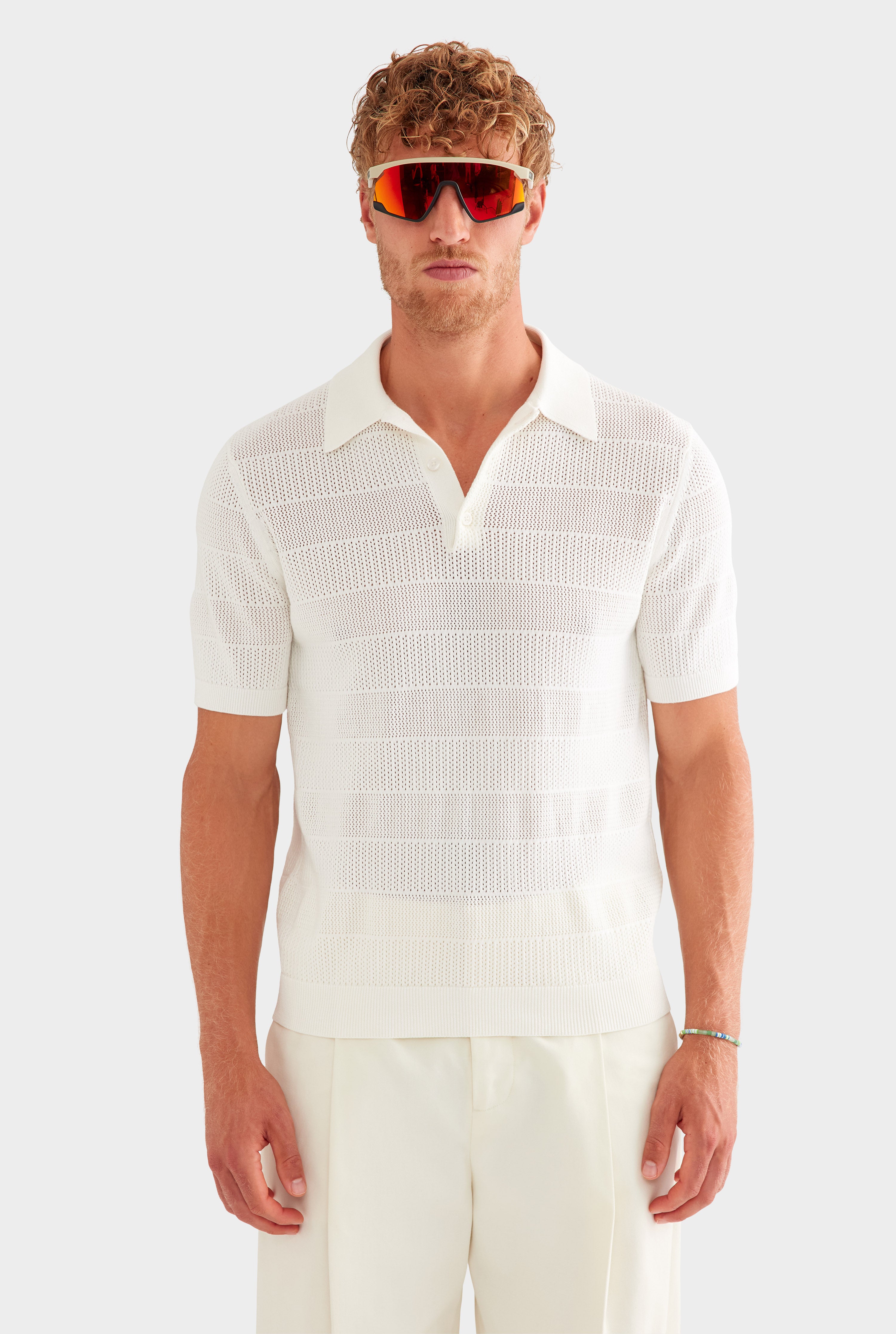 Pointelle Stripe Cotton Polo - Off White