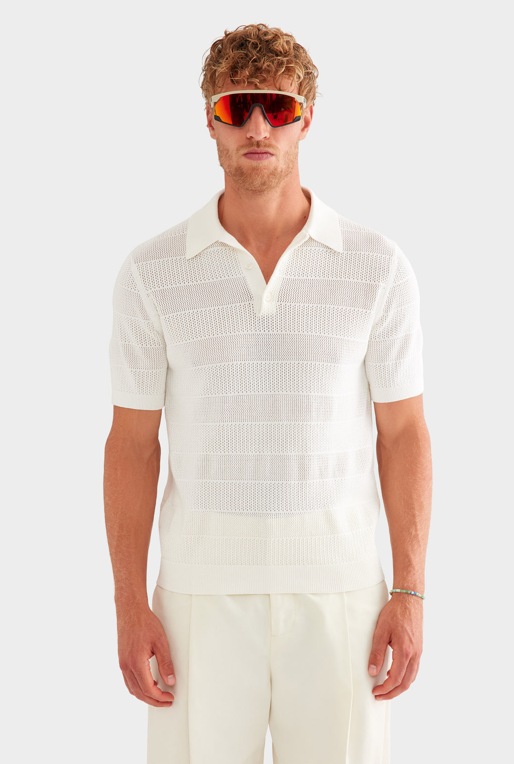 Pointelle Stripe Cotton Polo - Off White