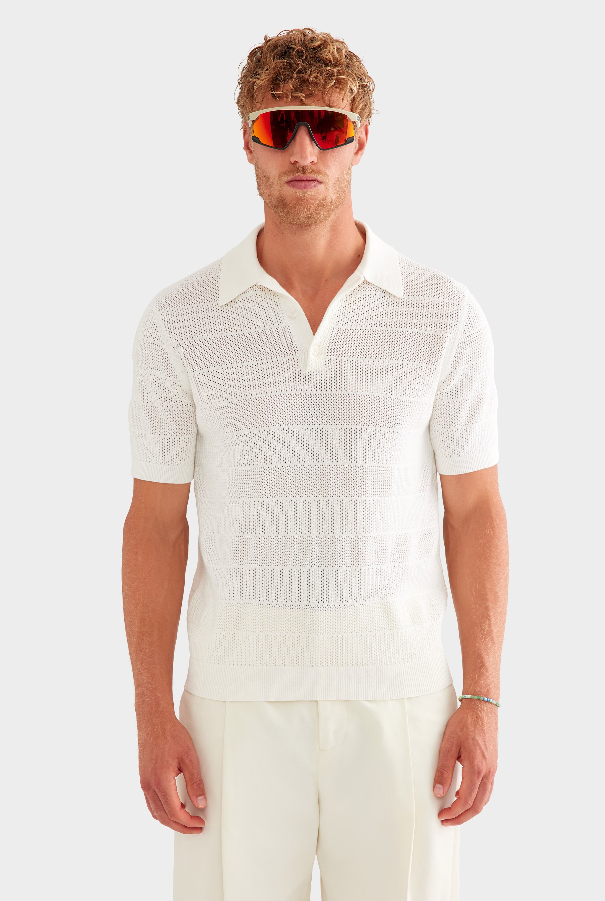 Pointelle Stripe Cotton Polo - Off White