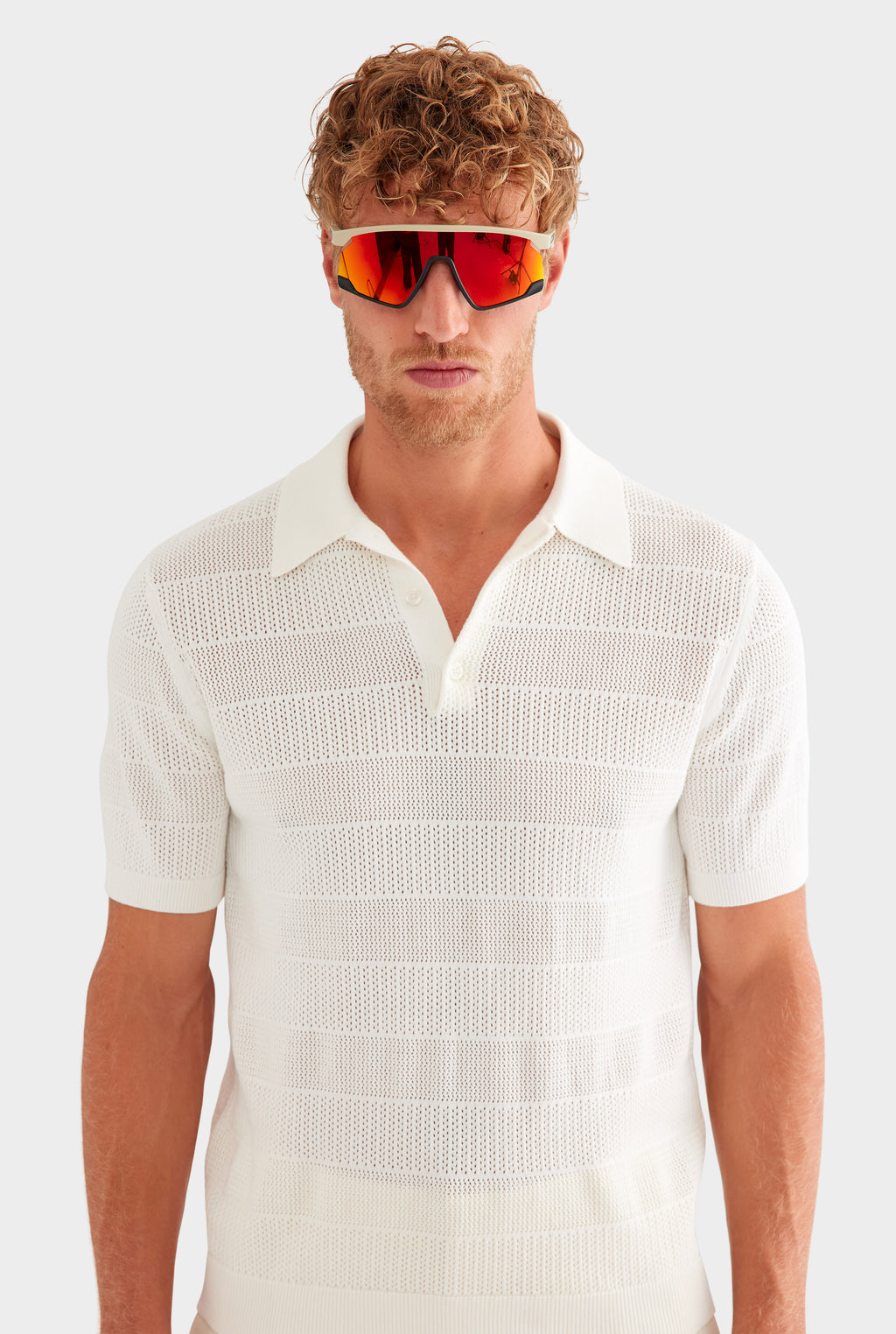 Pointelle Stripe Cotton Polo - Off White