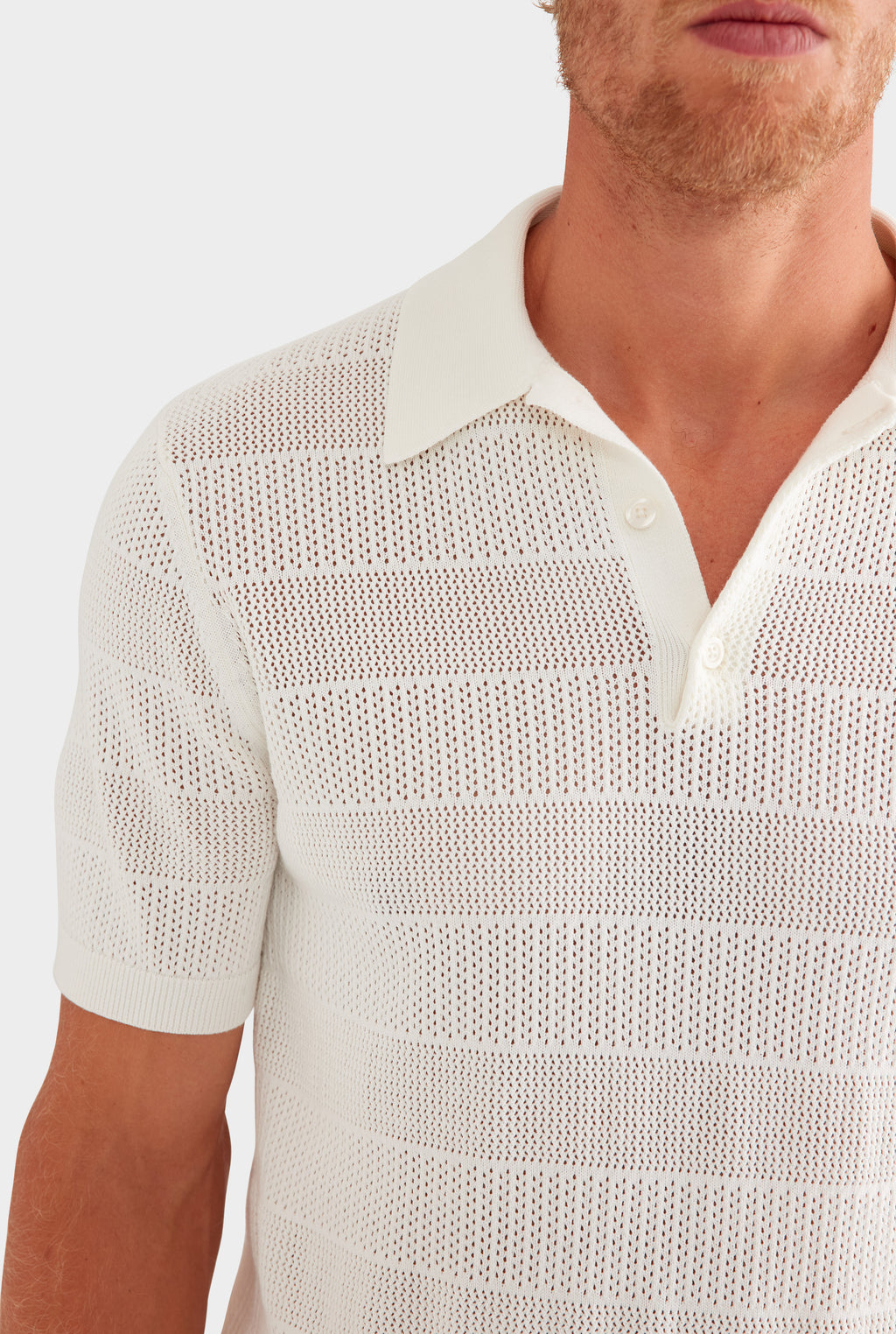 Pointelle Stripe Cotton Polo - Off White