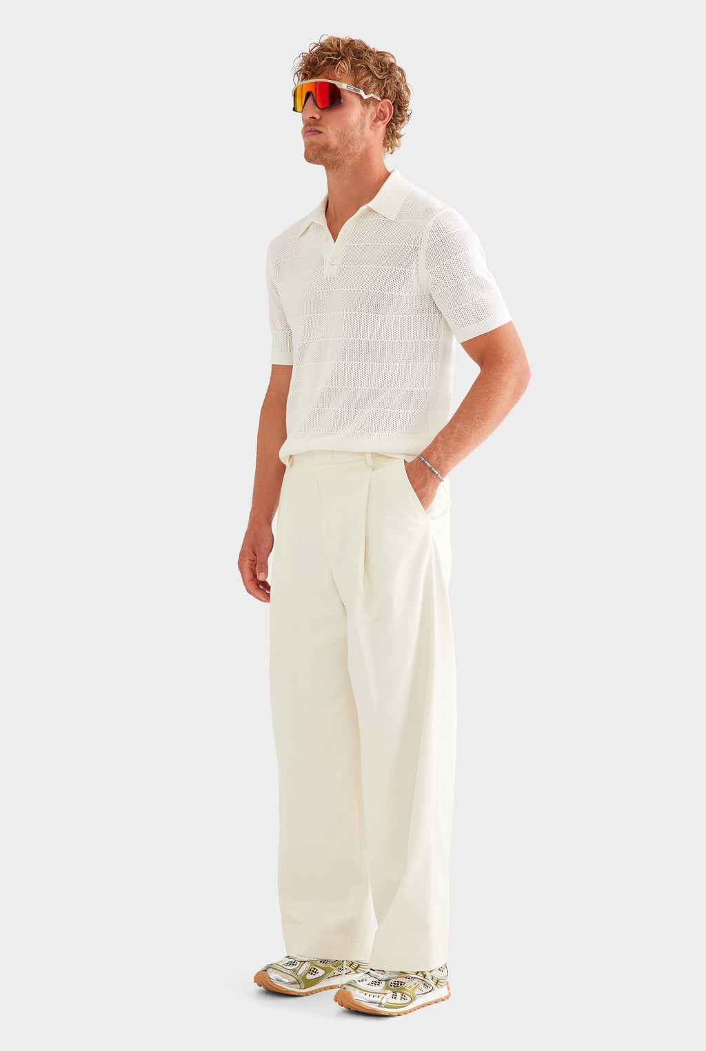 Pointelle Stripe Cotton Polo - Off White