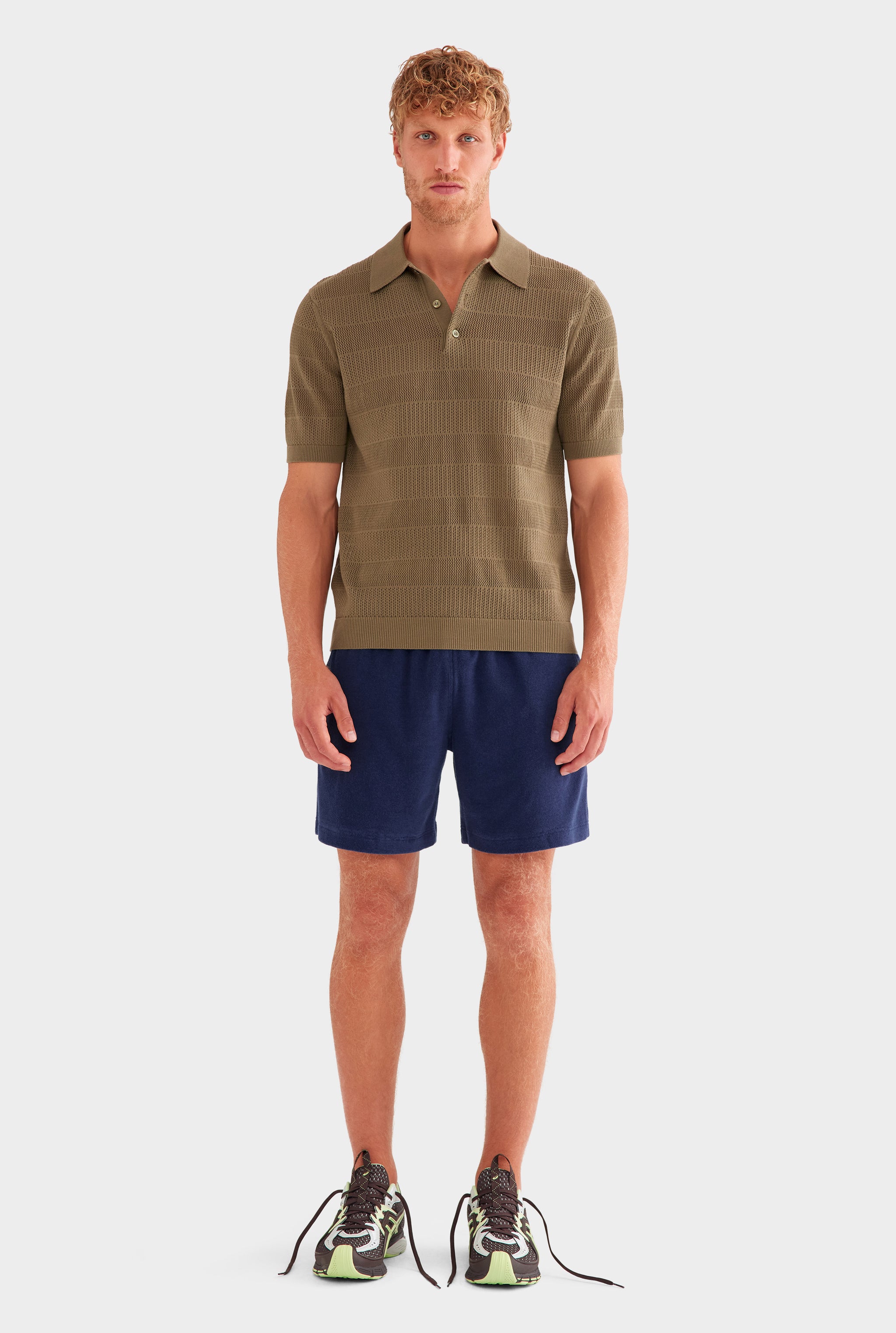 Pointelle Stripe Cotton Polo - Olive