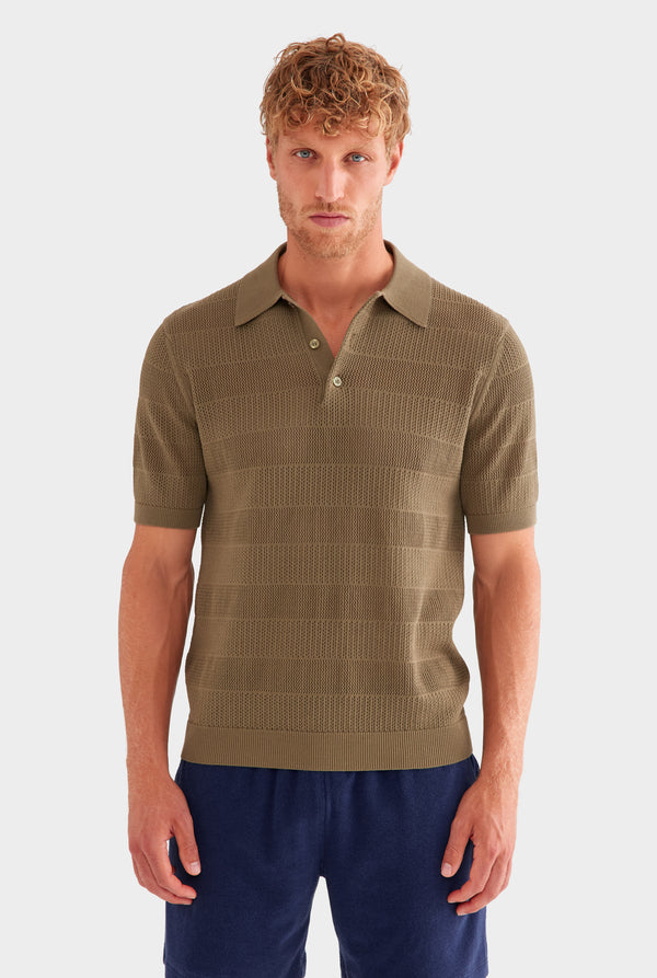Pointelle Stripe Cotton Polo - Olive