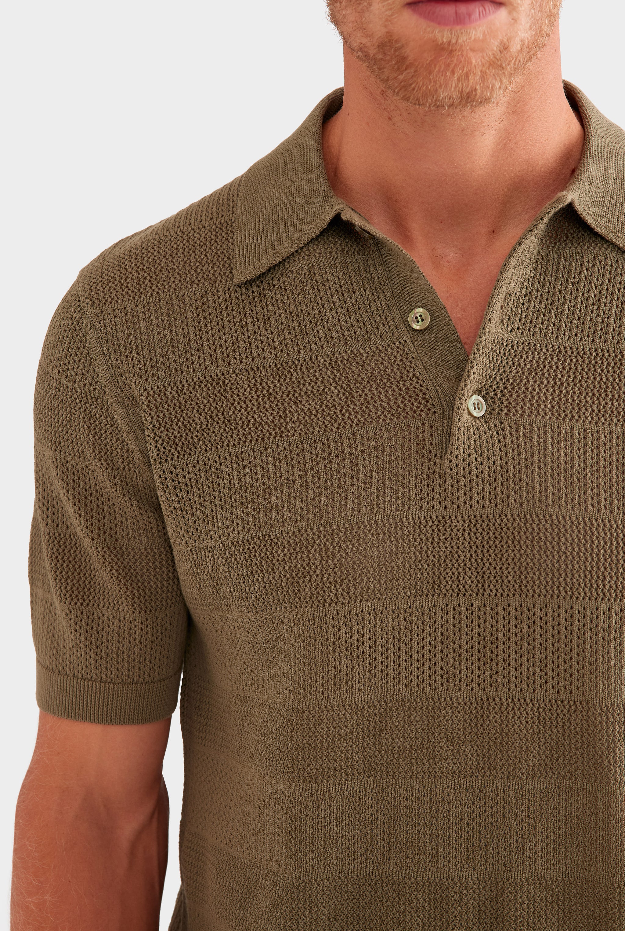 Pointelle Stripe Cotton Polo - Olive
