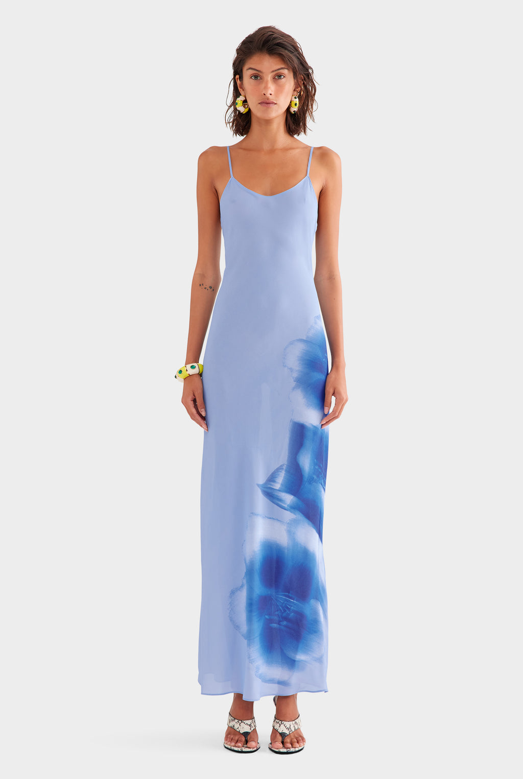 Printed Slip Dress in Powder Blue Blurred Floral | Venroy  VENROY