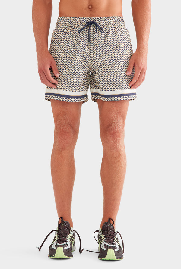 Printed Swim Short - Navy/Beige V Monogram