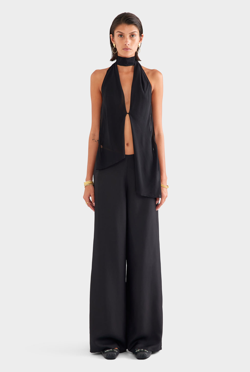 Silk Layered Halter Top - Black