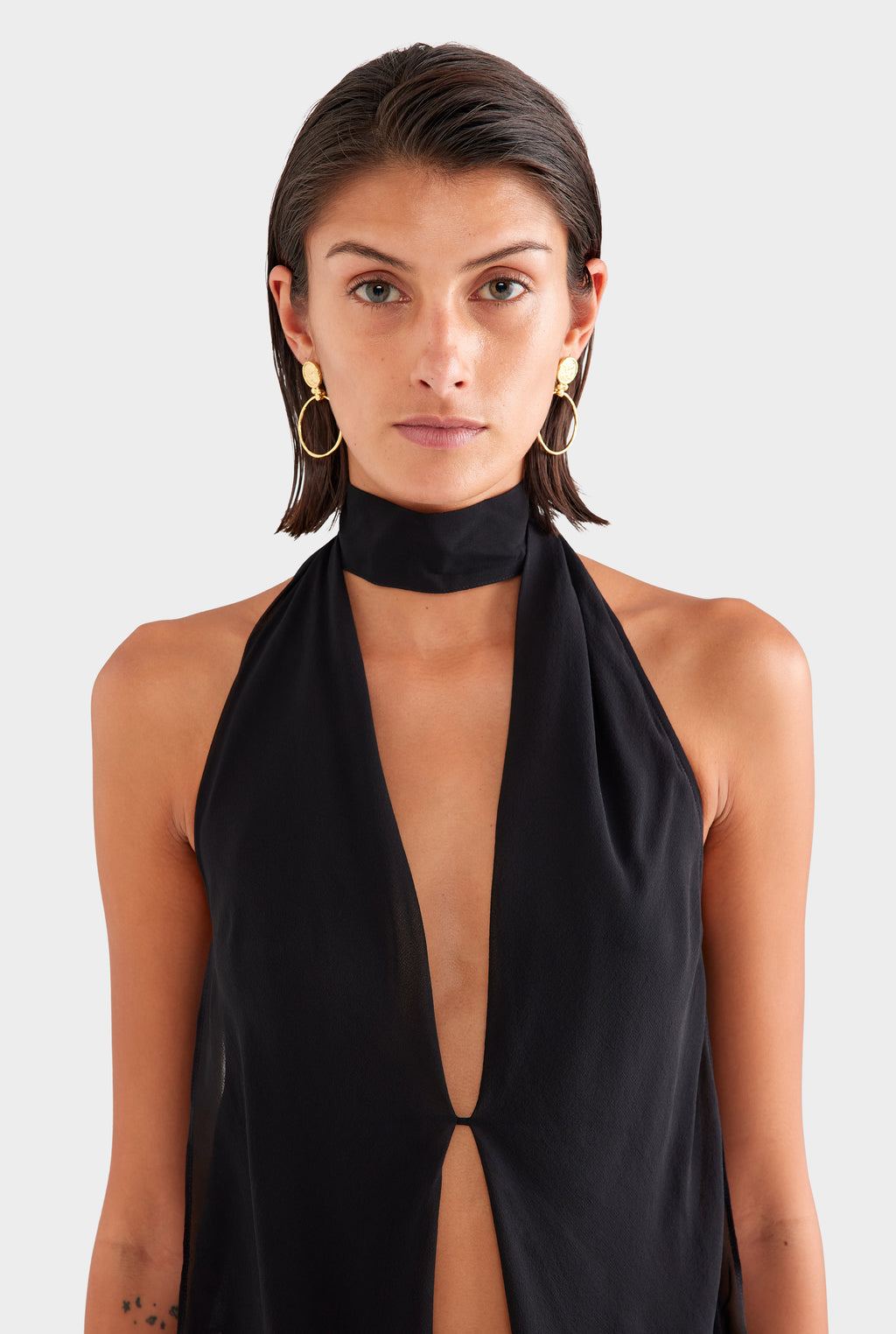 Silk Layered Halter Top - Black