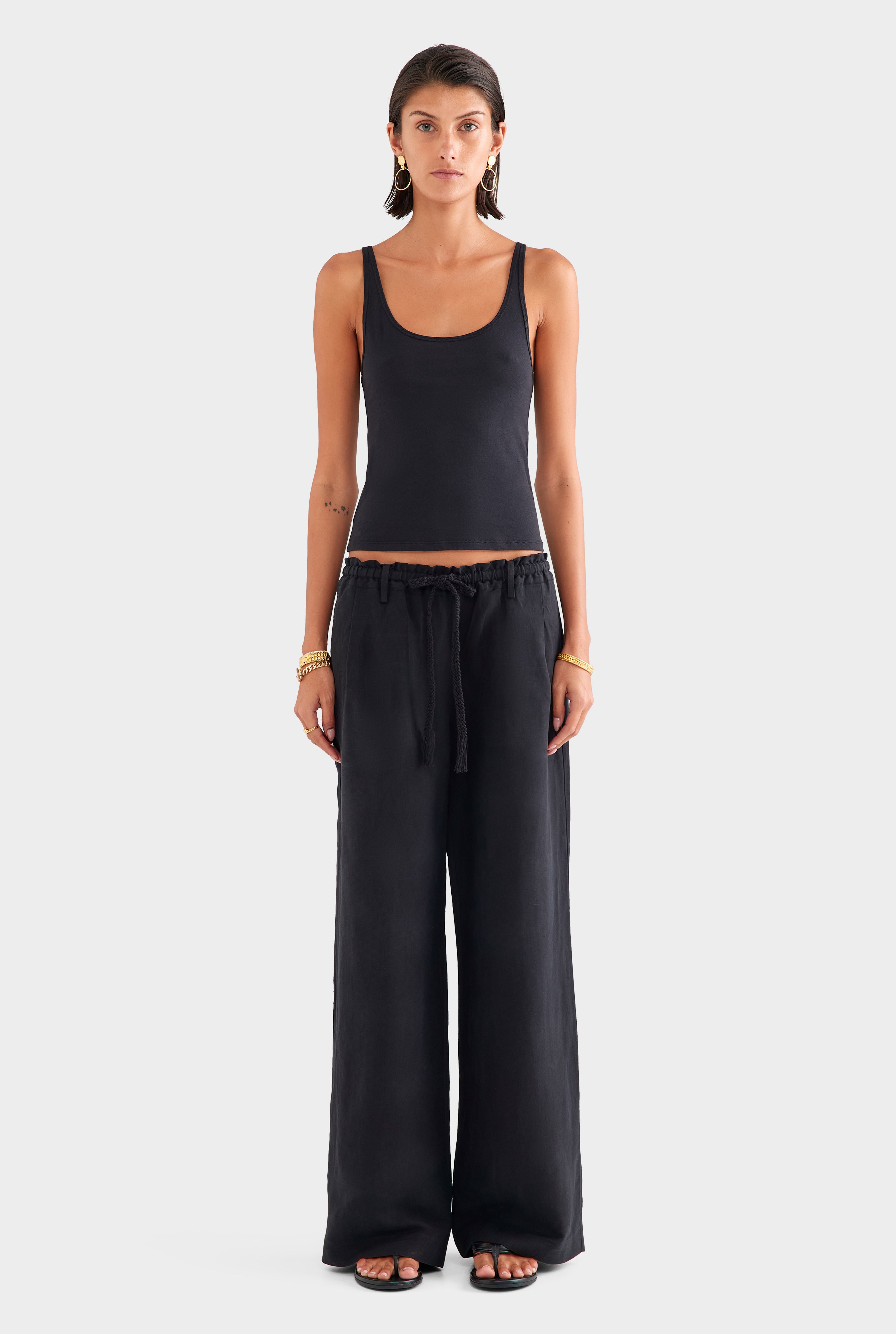Silk Linen Relaxed Pleat Front Pant - Black