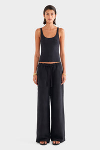 Silk Linen Relaxed Pleat Front Pant - Black