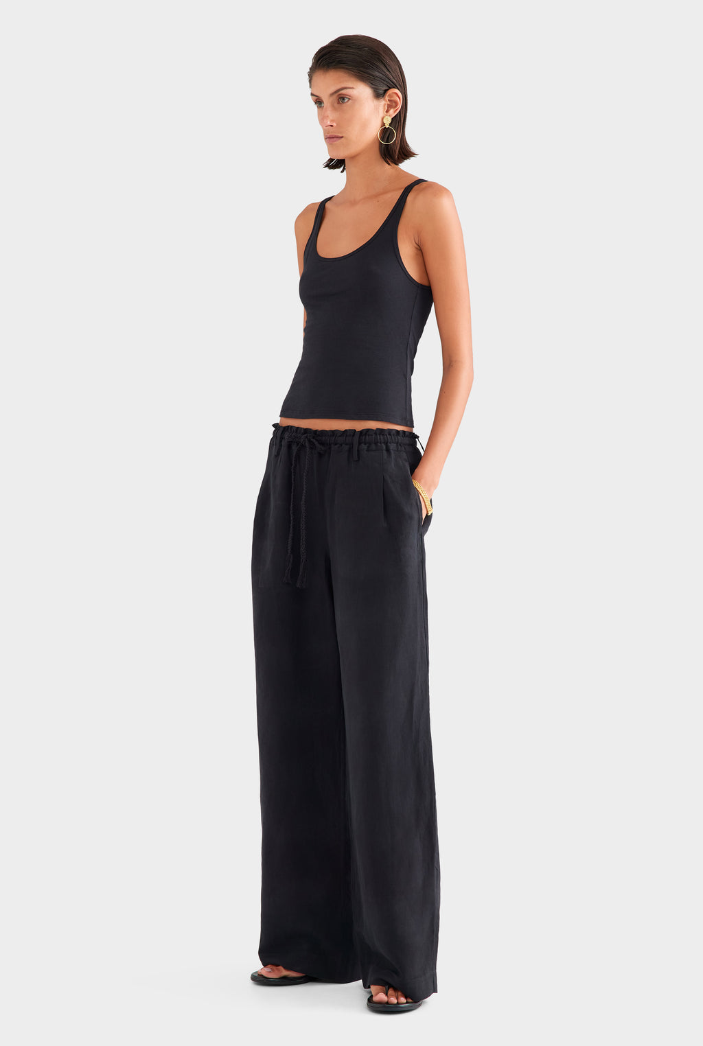 Silk Linen Relaxed Pleat Front Pant - Black